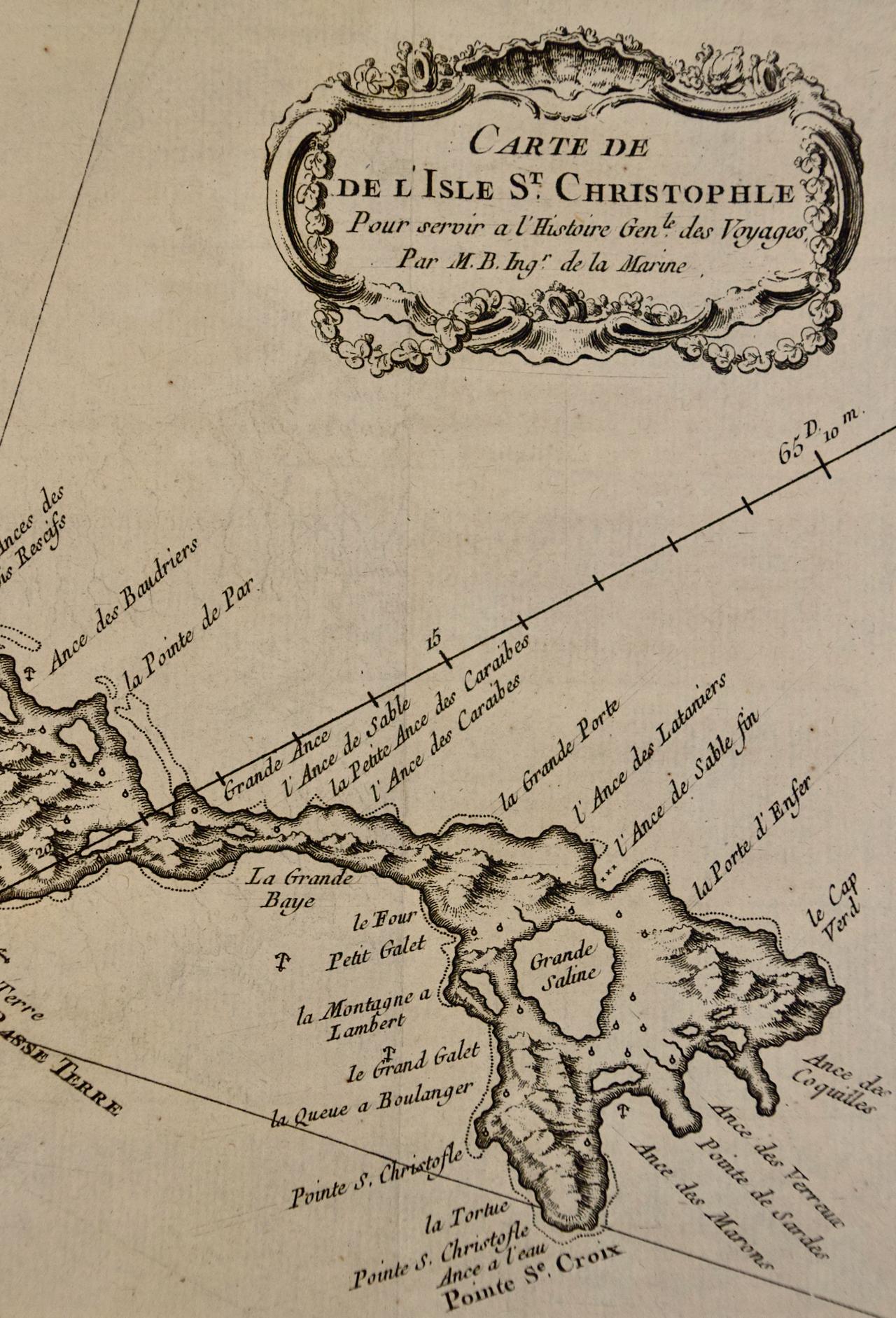 L'île St. Christophe « St. Kitts » : une carte colorée à la main du 18e siècle par Bellin Bon état - En vente à Alamo, CA