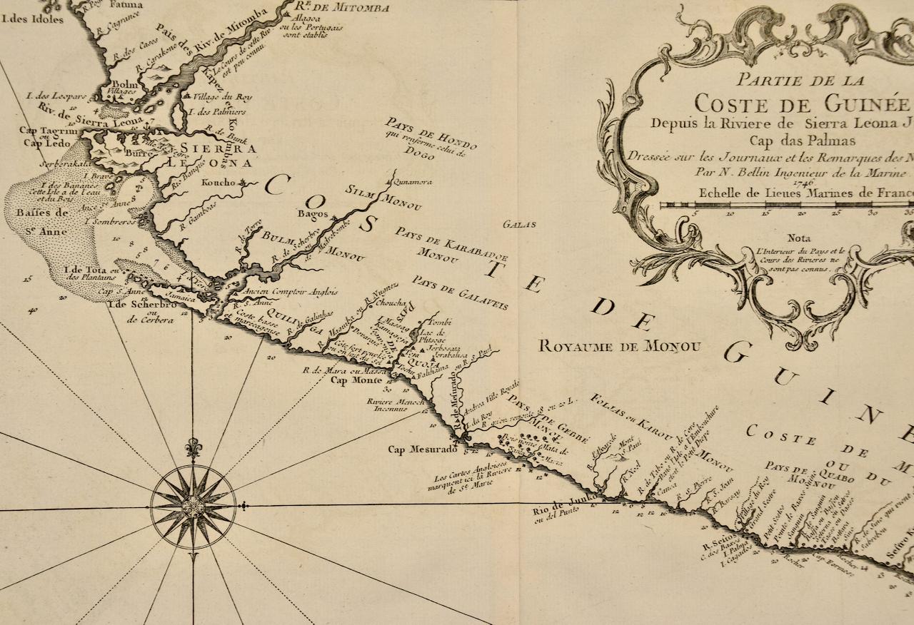 Français Coast West Coast of Africa, Guinea & Sierra Leone: An 18th Century Map by Bellin en vente