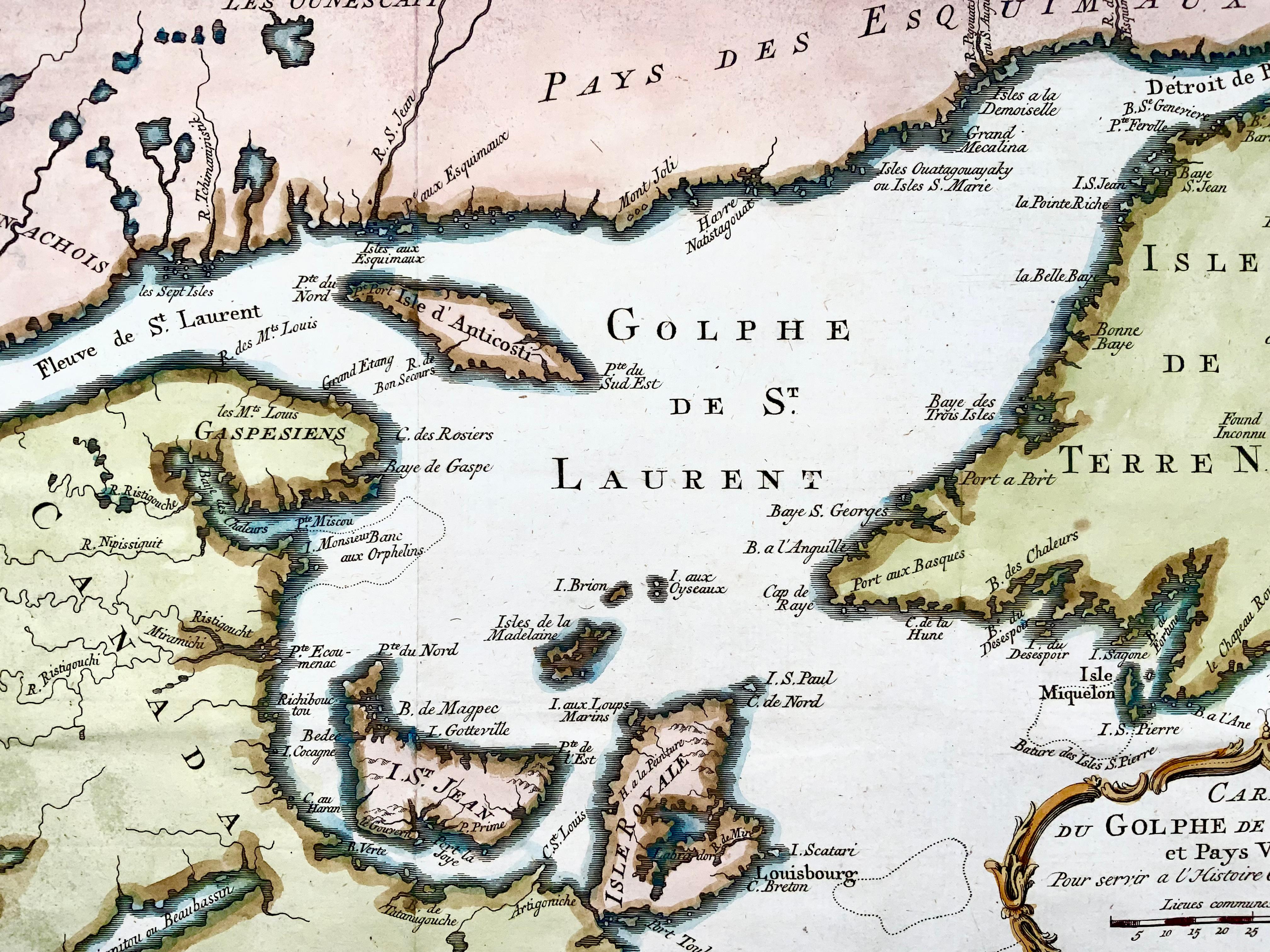 J.V. Schley after Bellin

‘Carte du Golphe de St. Laurent et Pays Voisins’

Size: 14.2 x 8.6 inches 36.1 x 21.8 cm

First state of this nice copper engraved map of St. Lawrence Bay with Anticosti Island, Prince Edward Island, Cape Breton