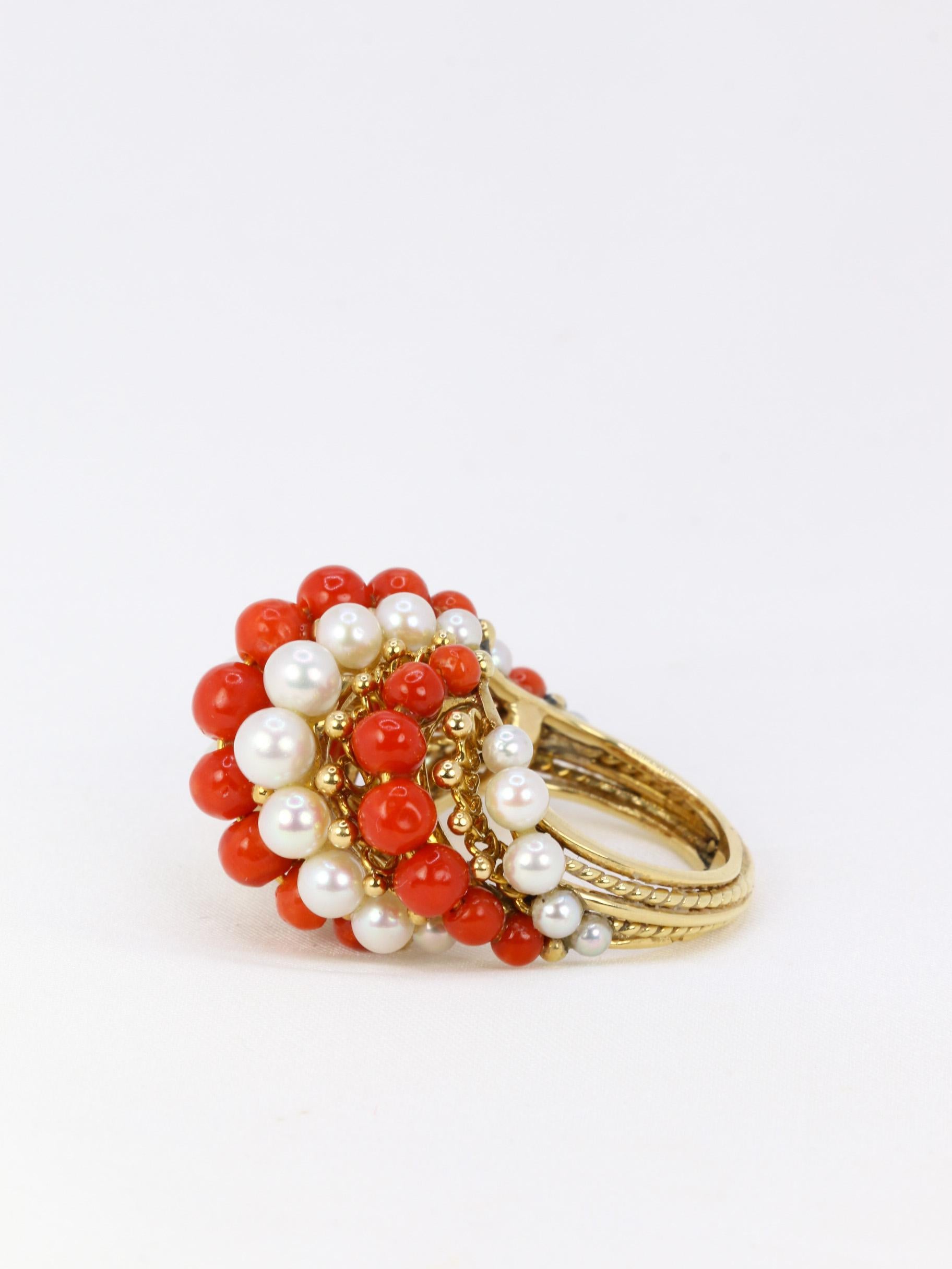 BELLIN Vintage-Goldring mit Perlen und Korallen (Rundschliff)