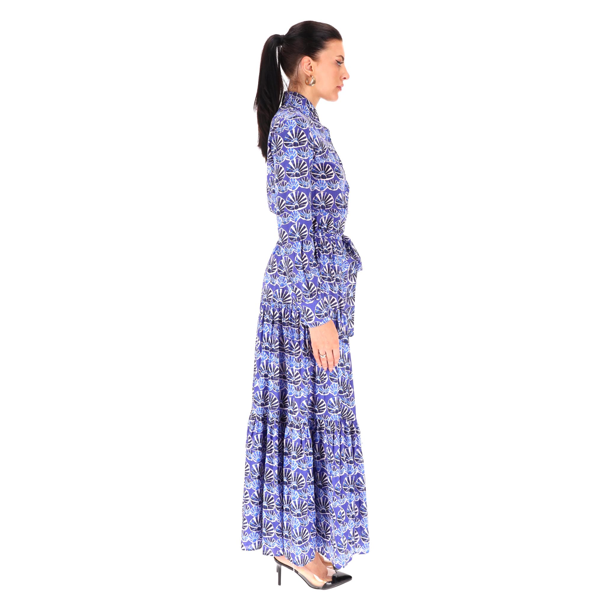 Viola Bellini - Maxi abito a camicia in cotone stampato a righe in conchiglie in vendita