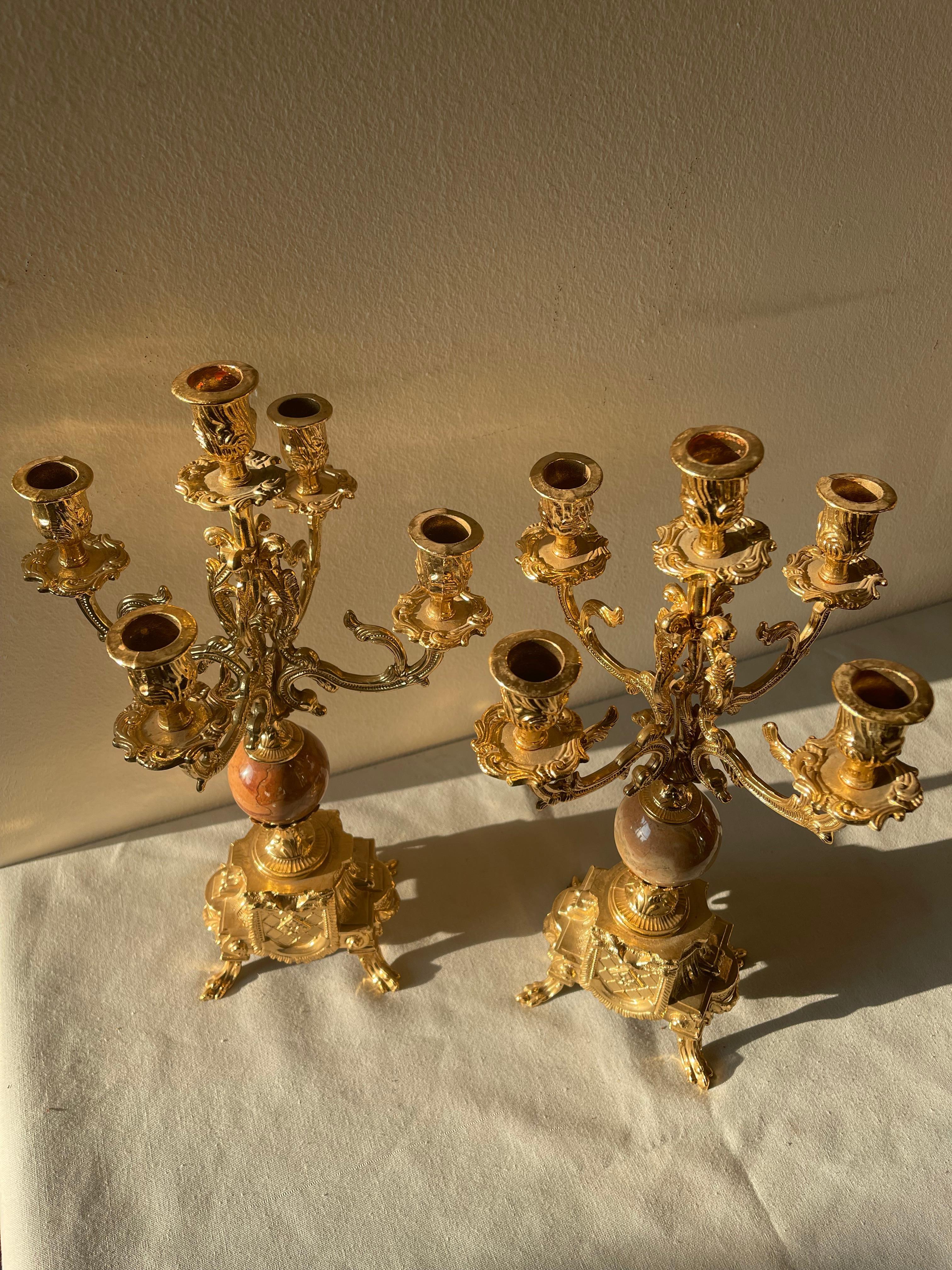 Beautiful Pair of French-style five-flame gilt bronze candelabra For Sale 3