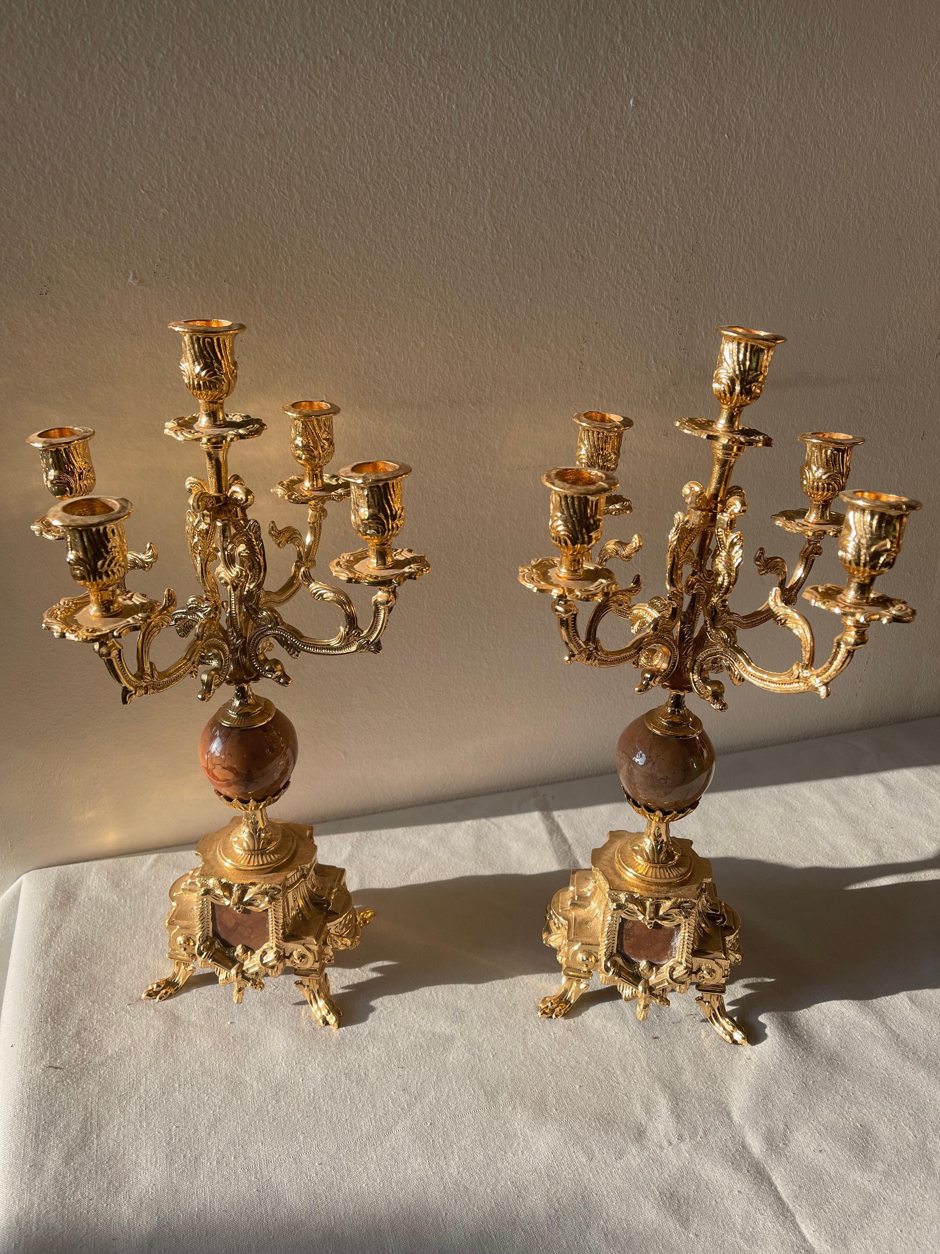 Art Nouveau Beautiful Pair of French-style five-flame gilt bronze candelabra For Sale