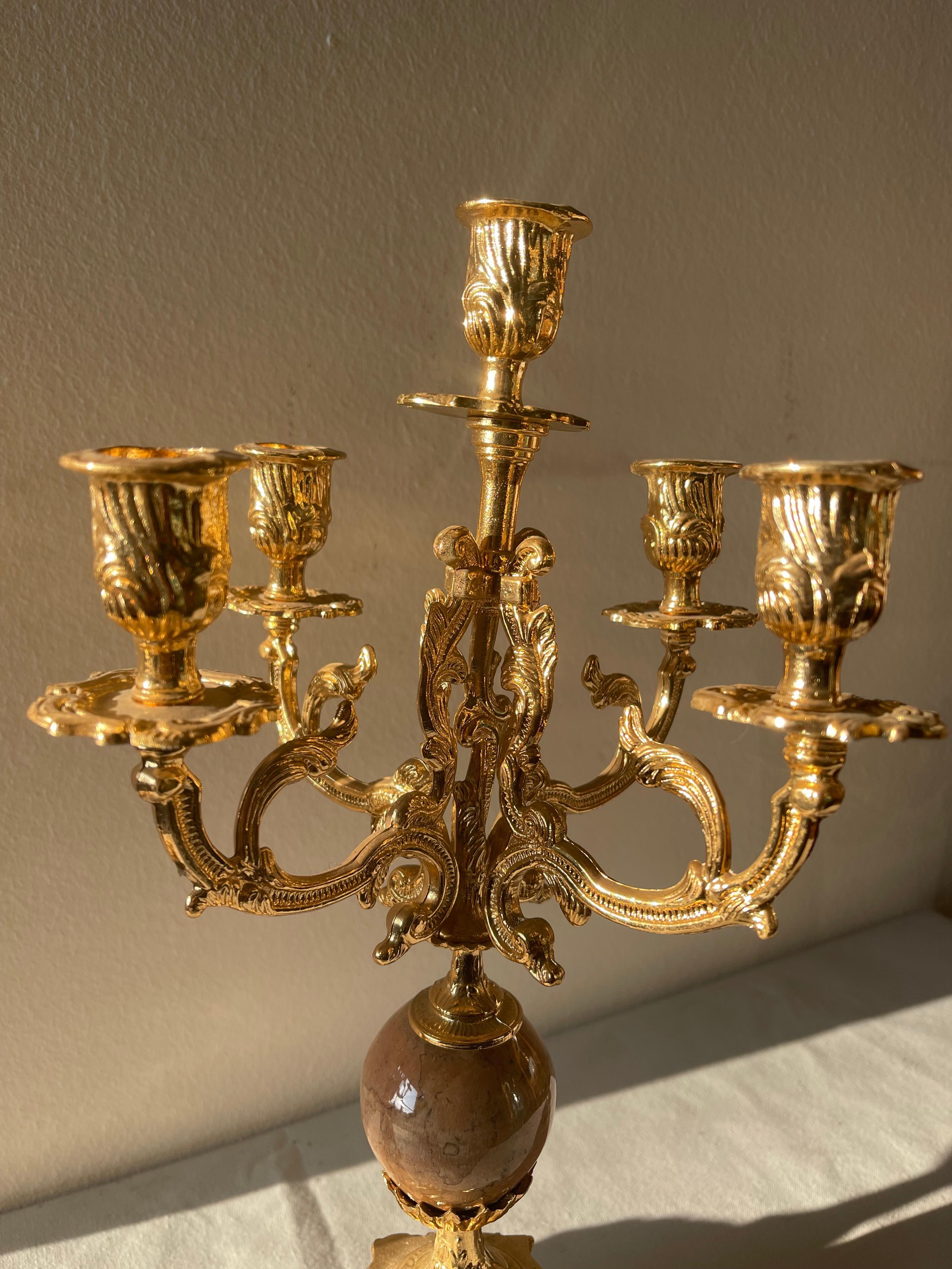 Bronze Beautiful Pair of French-style five-flame gilt bronze candelabra For Sale