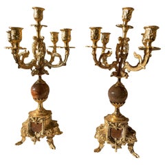 Preciosa pareja de candelabros de bronce dorado de cinco llamas de estilo francés