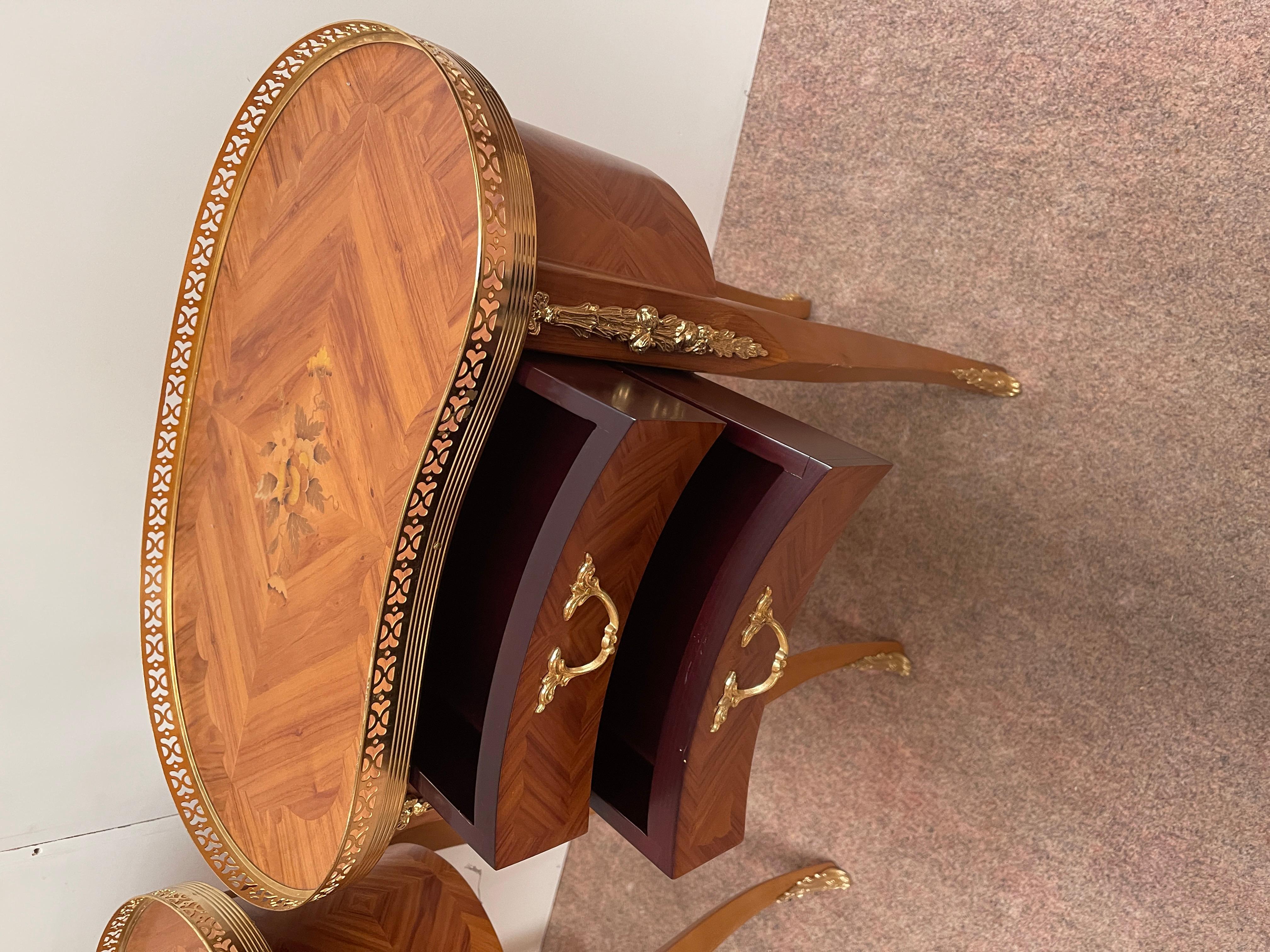 Carved Beautiful pair of French Louis XVI style nightstands in wood and bronze 1970s For Sale