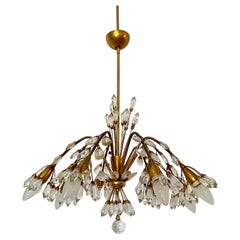Bellisimo lampadario vintage in ottone e gocce di vetro anni '50 italian