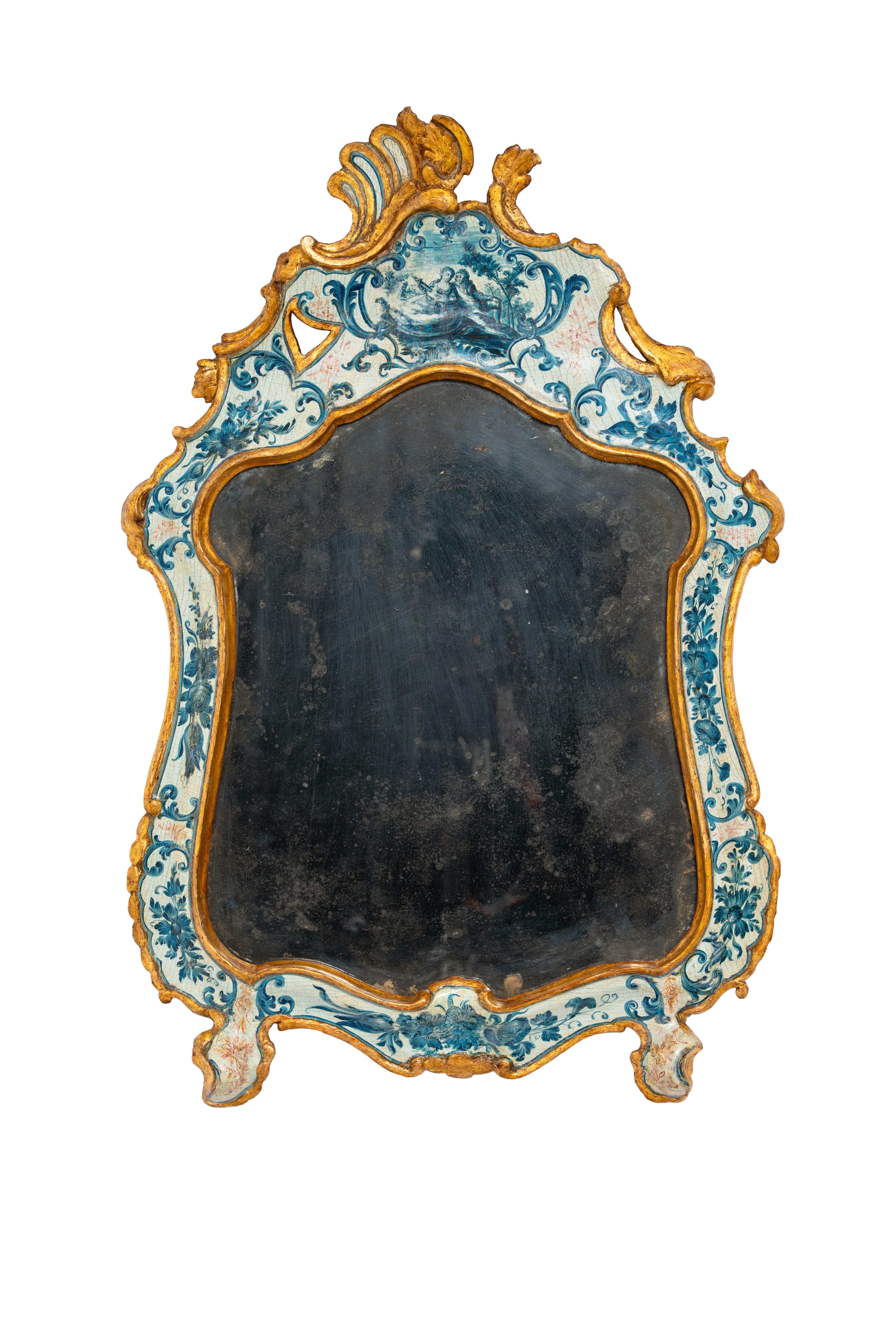 Glass Beautiful Venetian mirror made of lacquered and gilded wood.