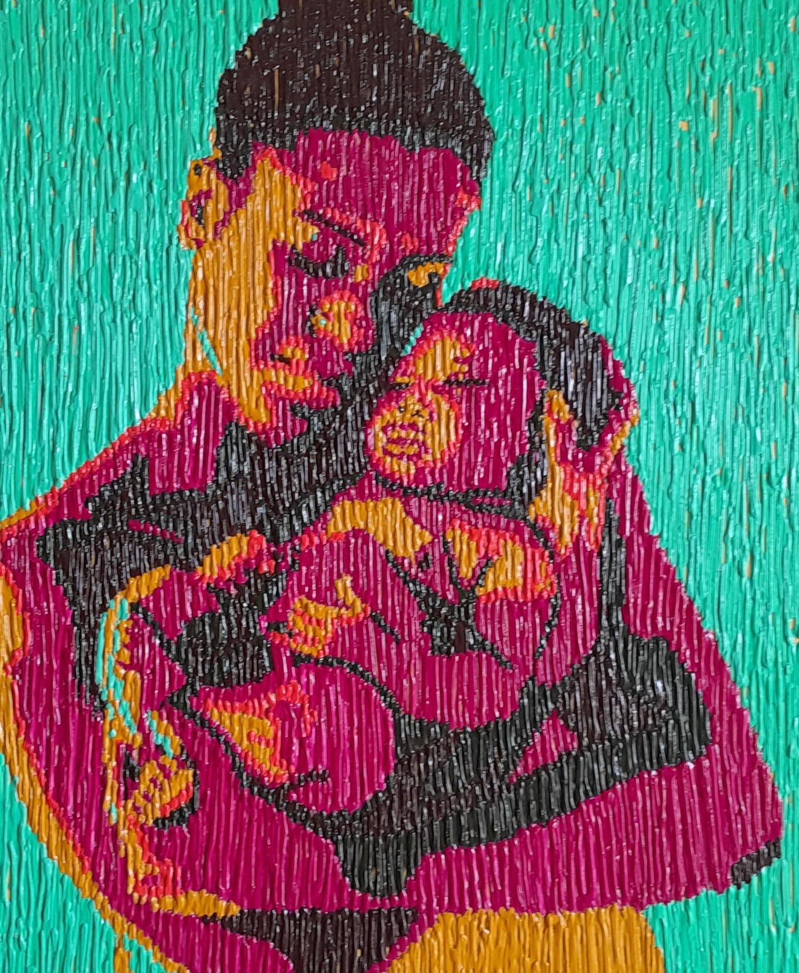 Primo contatto 2 -21° secolo, Contemporaneo, Figurativo, Maternità, Dip. acrilico - Portrait Painting Blu di Bello Adedoyin