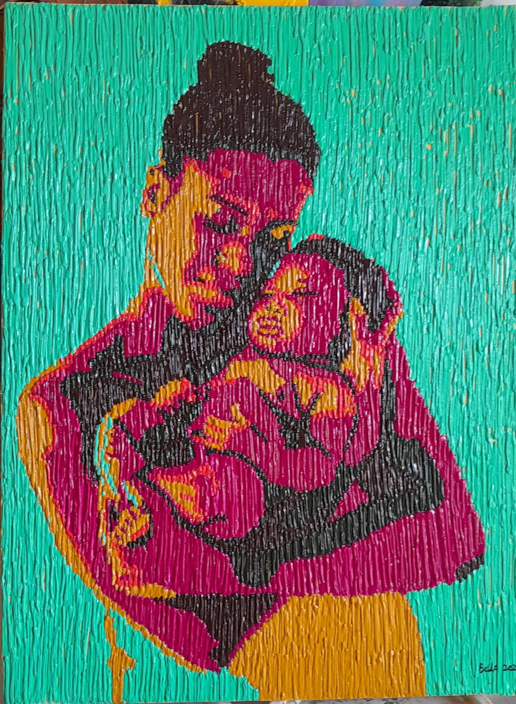 Portrait Painting di Bello Adedoyin - Primo contatto 2 -21° secolo, Contemporaneo, Figurativo, Maternità, Dip. acrilico