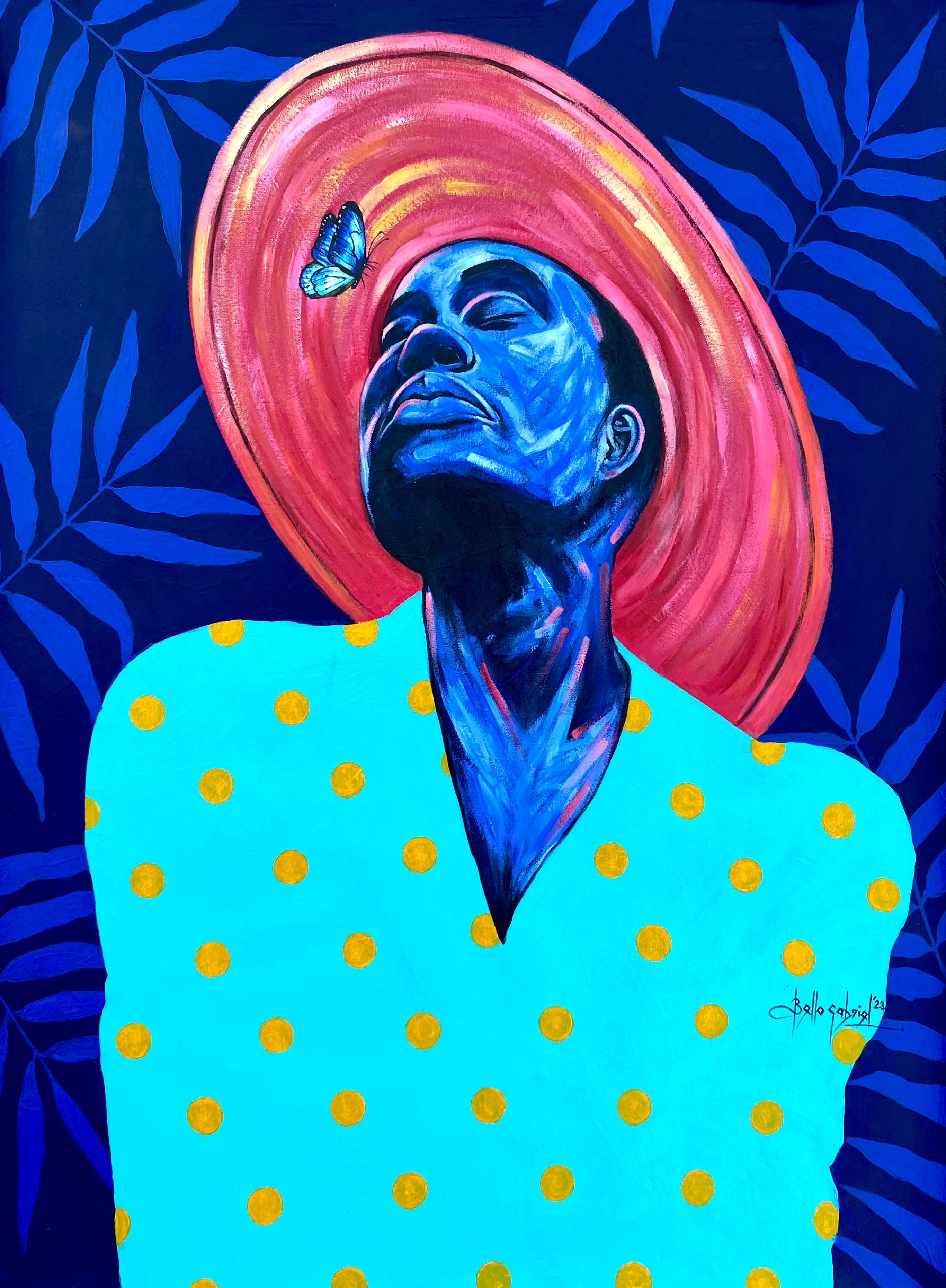 Portrait Painting di Bello Gabriel - Un giorno perfetto - 21° secolo, Contemporaneo, Impressionismo, Africa, Donne, Blu