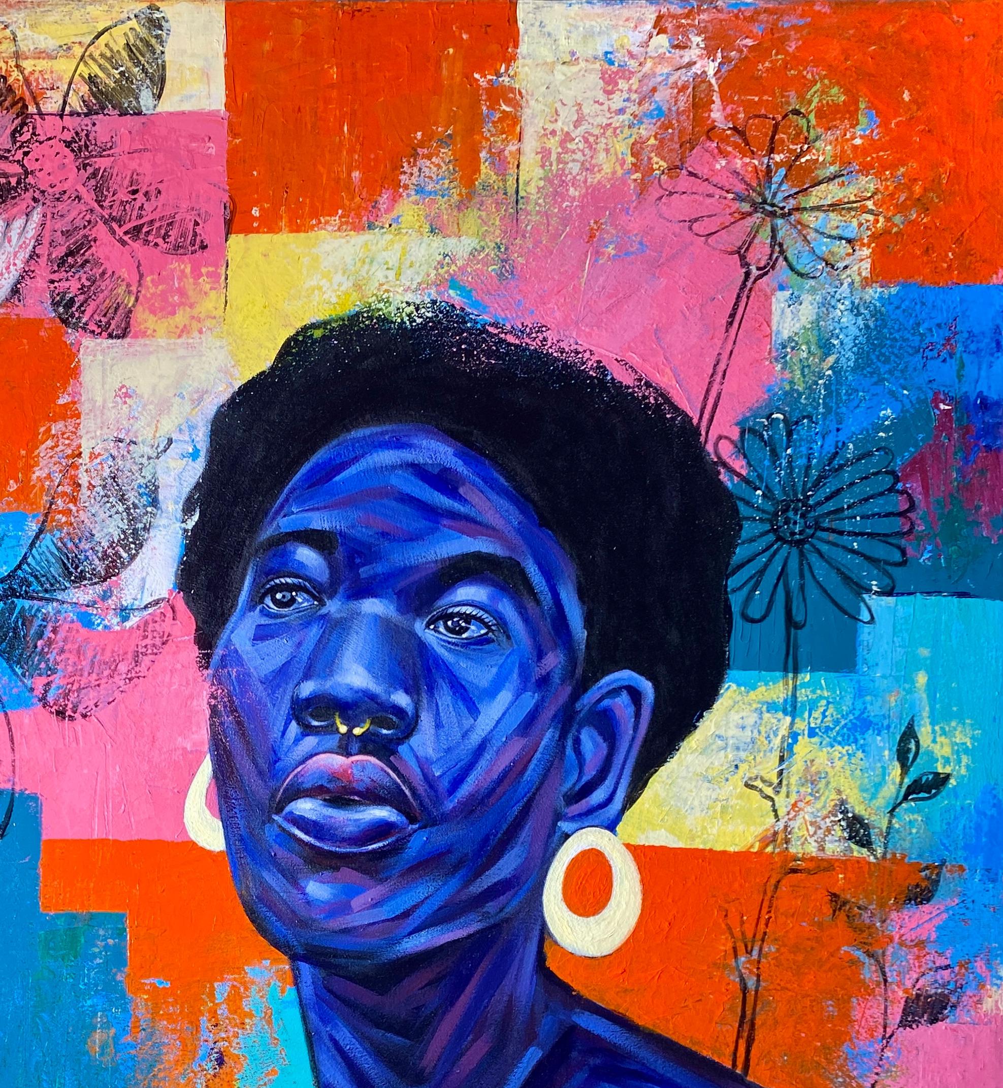 Waiting on the Future - Blue Portrait Painting by Bello Gabriel