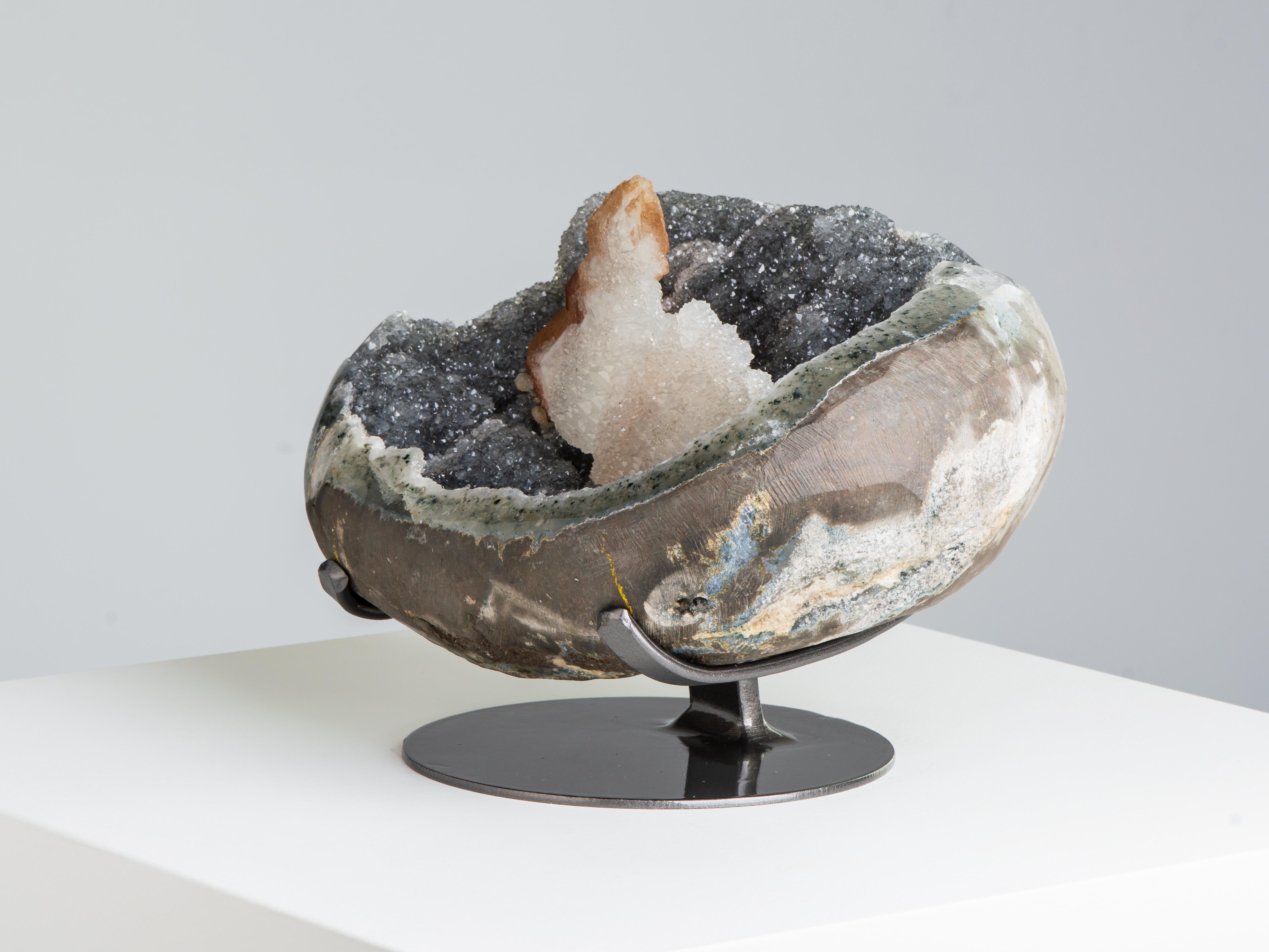 Bellowing Druzy Covered Smoke Cloud, a Mostly Complete Steel Grey Crystal Geode In Excellent Condition For Sale In London, GB