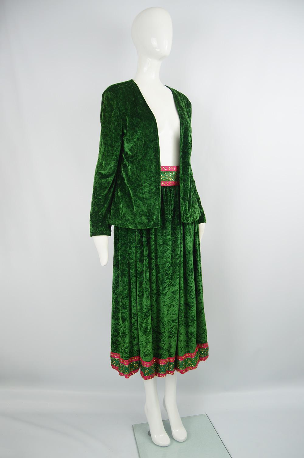 Bellville Sassoon Hippie Luxe Vintage Green Panne Velvet 3 Piece Skirt Set 1970s For Sale 1