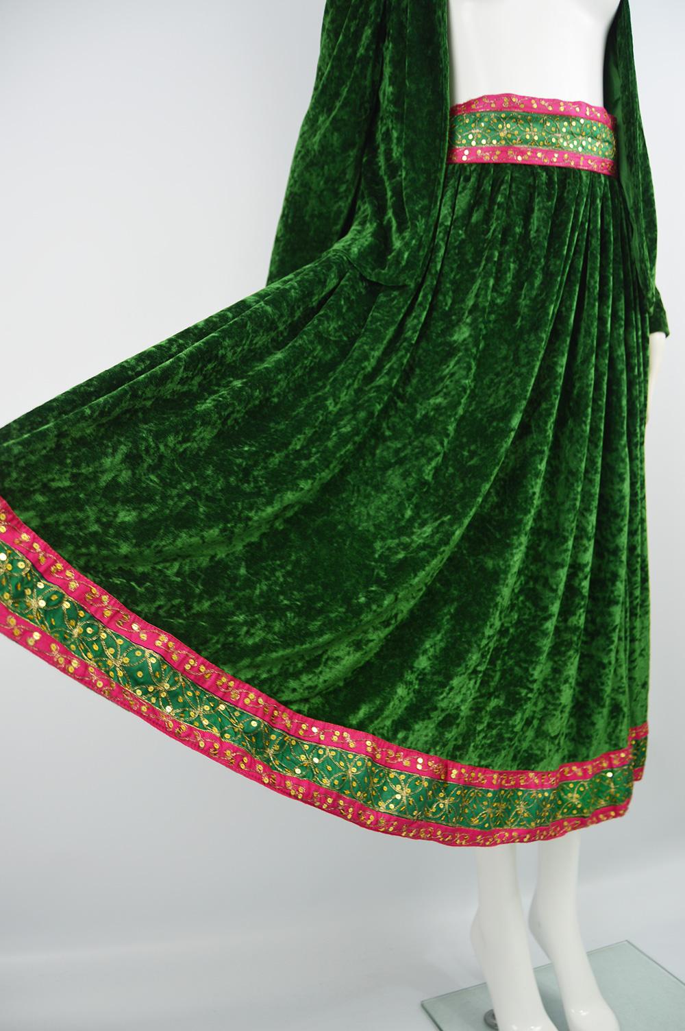 Bellville Sassoon Hippie Luxe Vintage Green Panne Velvet 3 Piece Skirt Set 1970s For Sale 2