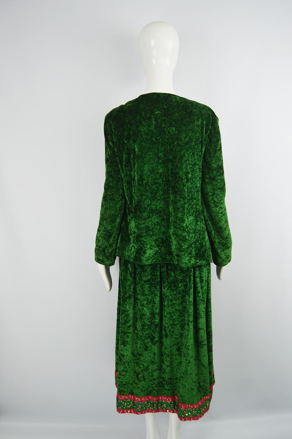 Bellville Sassoon Hippie Luxe Vintage Green Panne Velvet 3 Piece Skirt Set 1970s For Sale 3