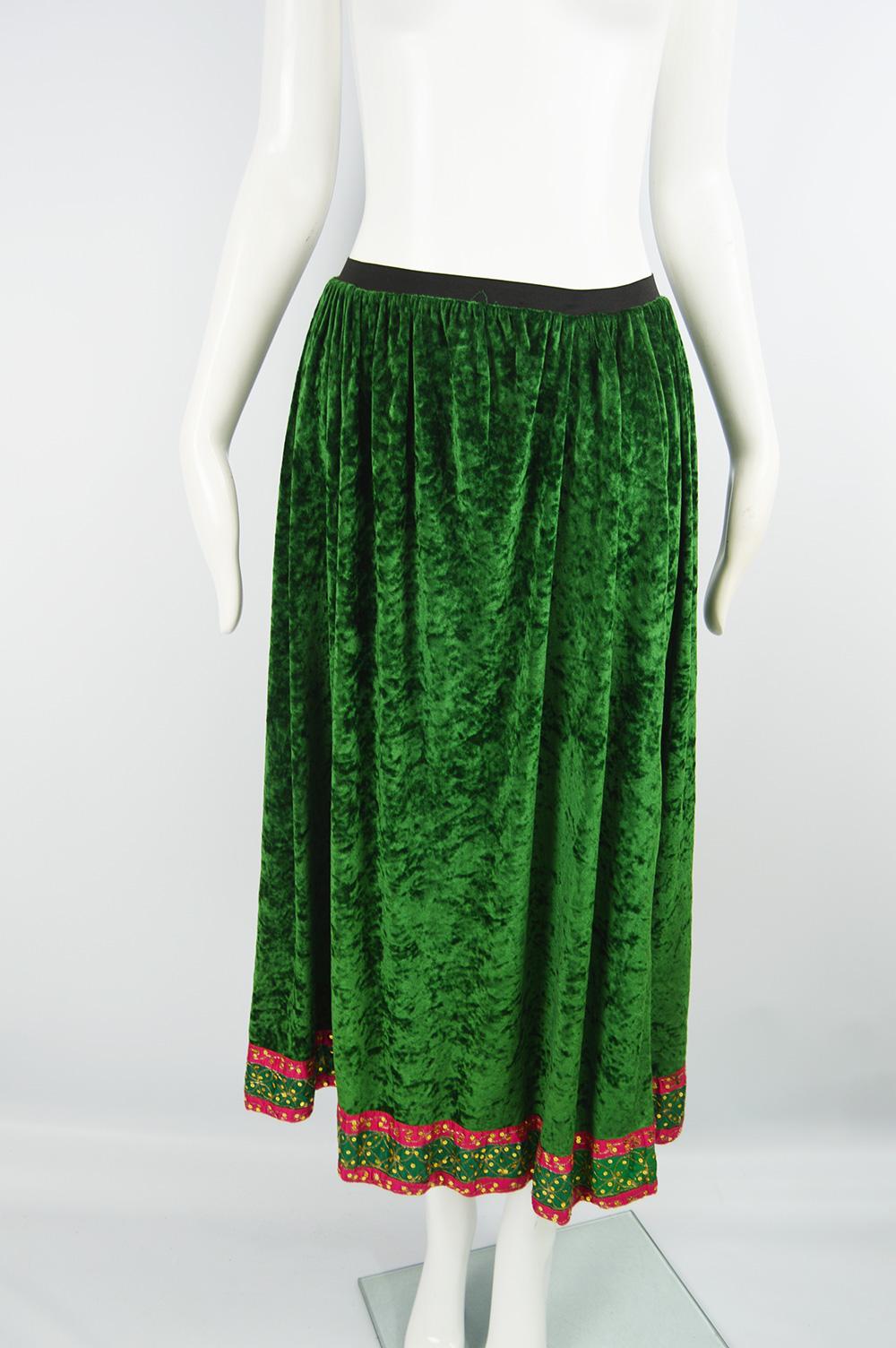 Bellville Sassoon Hippie Luxe Vintage Green Panne Velvet 3 Piece Skirt Set 1970s For Sale 4