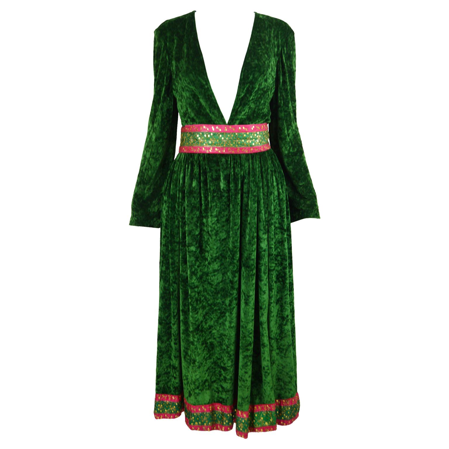 Bellville Sassoon Hippie Luxe Vintage Green Panne Velvet 3 Piece Skirt Set 1970s For Sale