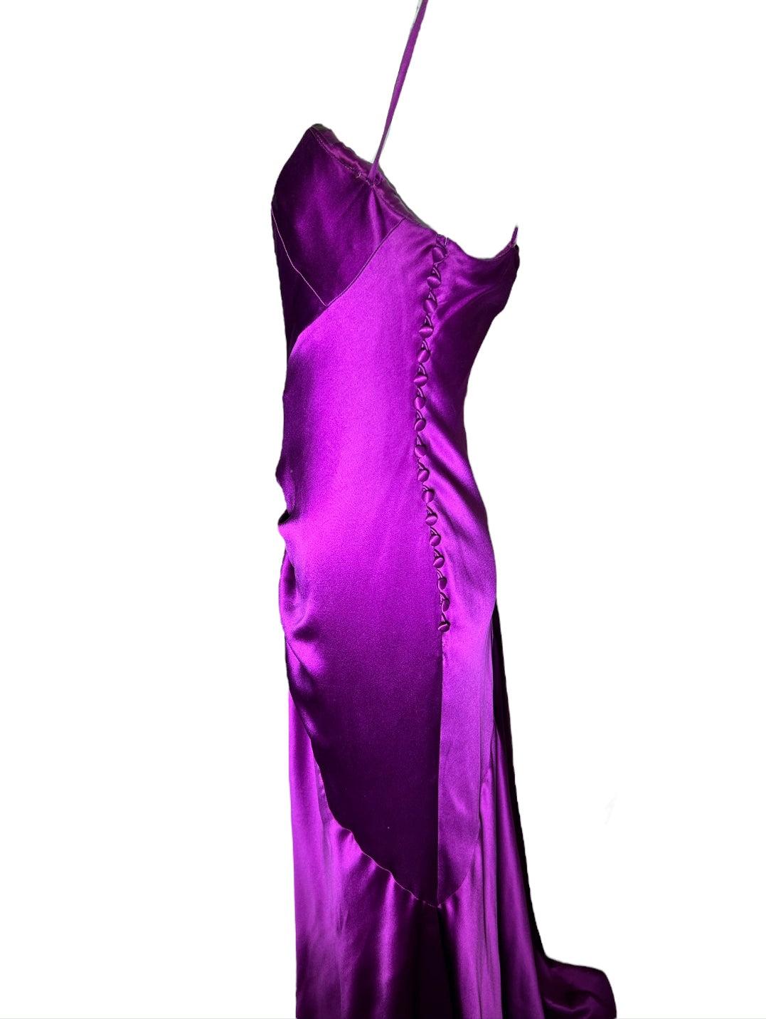 Bellville Sassoon Vestido de seda de corte parcial en tono joya morado, años 90 Púrpura en venta