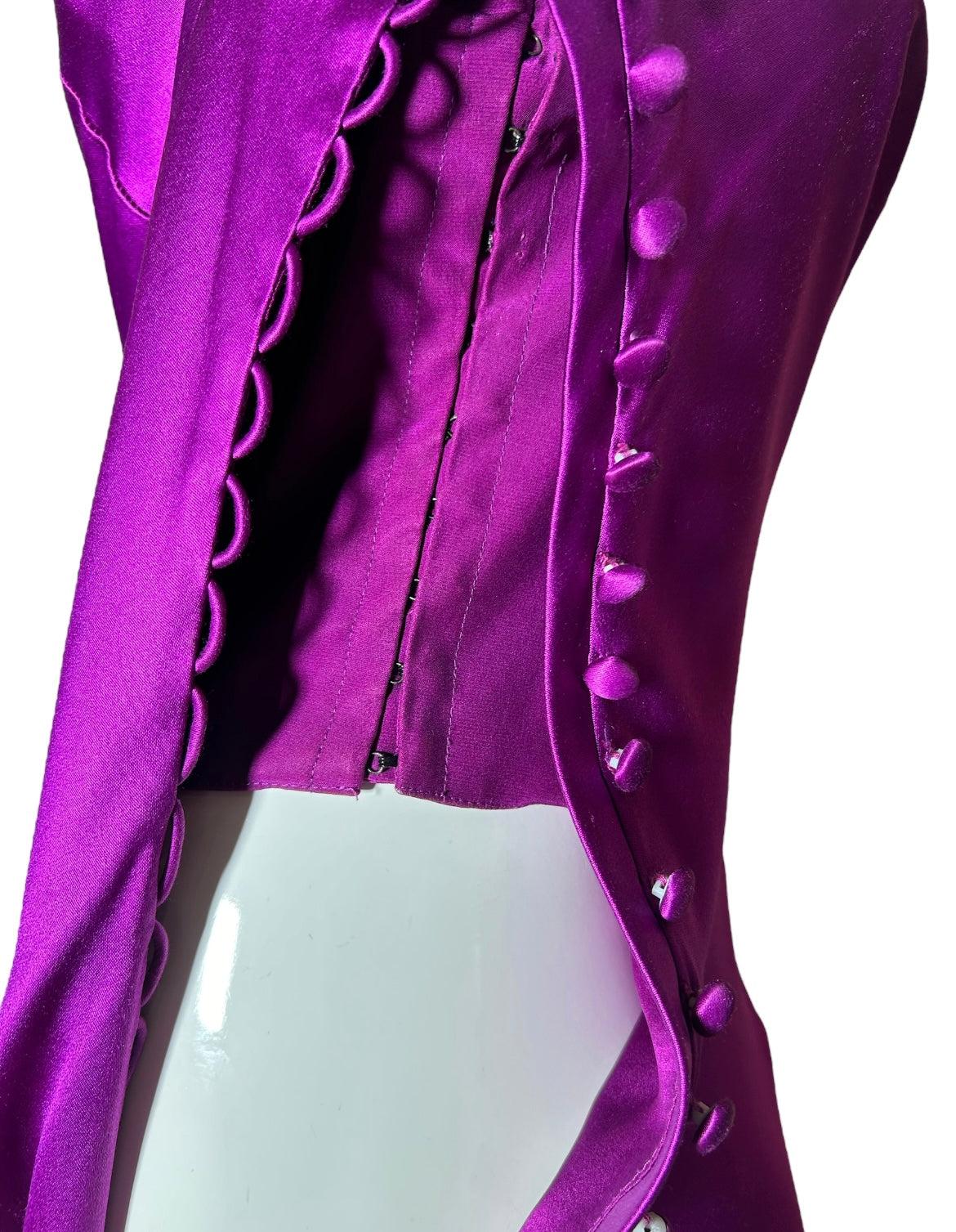 Bellville Sassoon Vestido de seda de corte parcial en tono joya morado, años 90 en Bueno estado para la venta en Los Angeles, CA