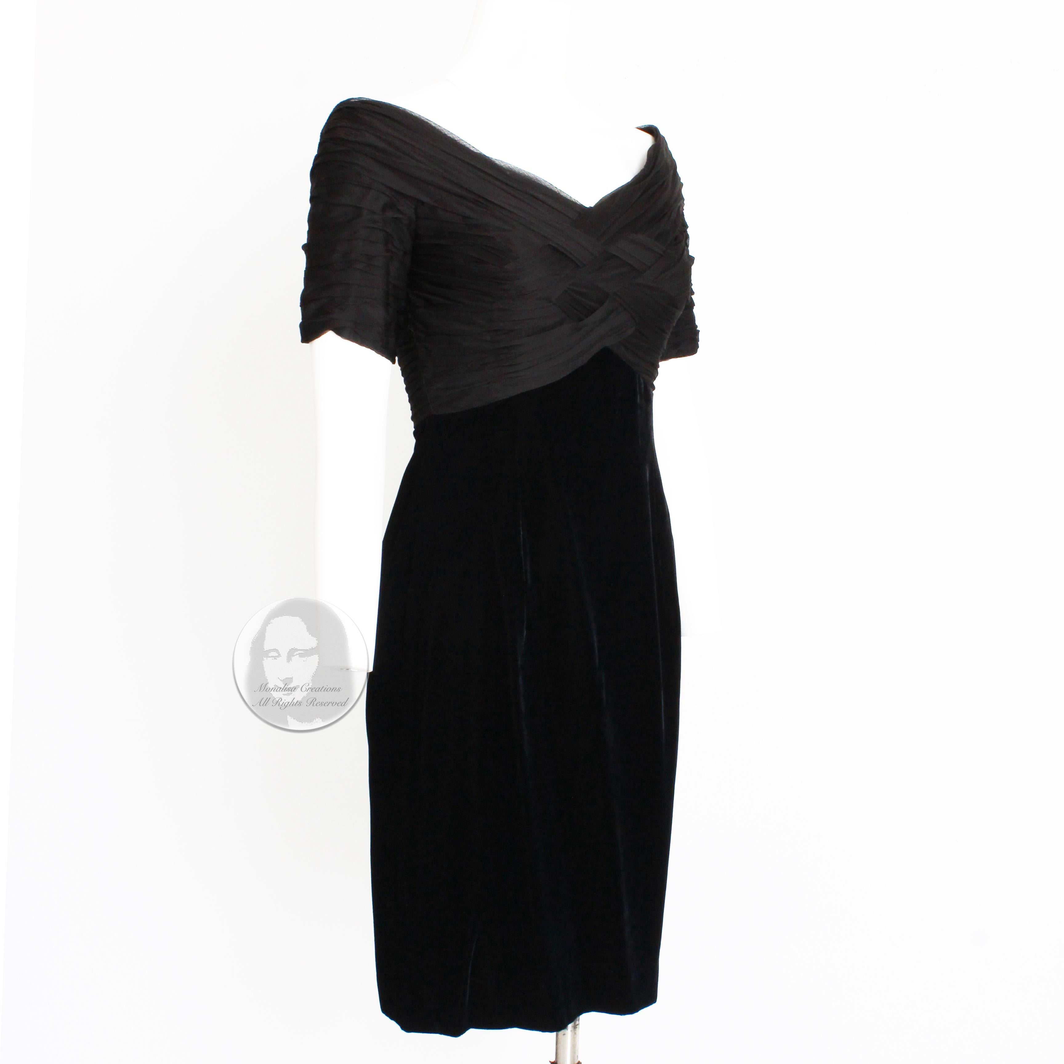 Authentic, preowned, vintage Bellville Sassoon Lorcan Mullany black woven silk bodice cocktail dress, likely made in the 90s.  Made from silk and rayon, it features a gorgeous woven bodice, an empire waist and black velvet skirt.  

An incredibly
