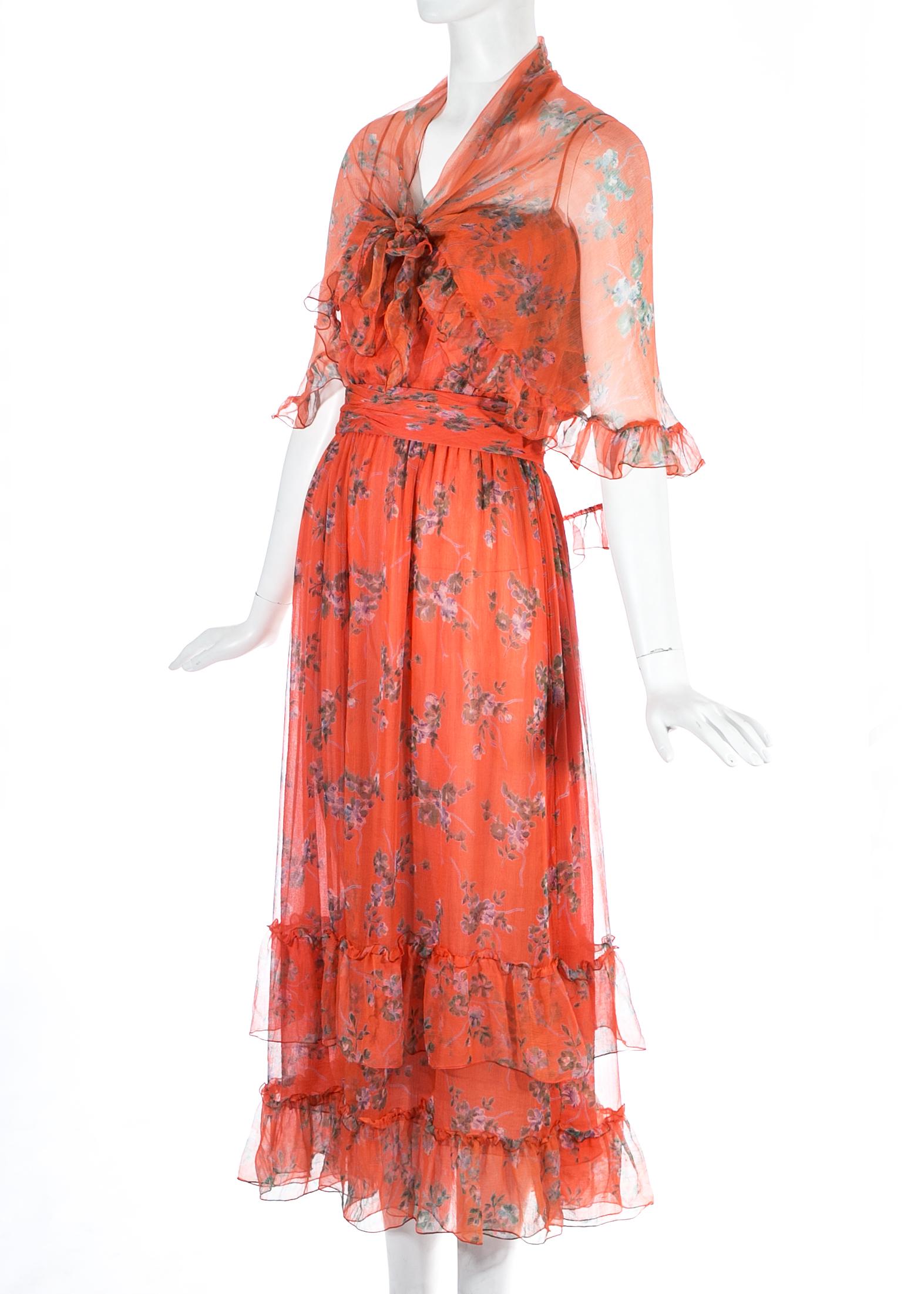 1970s orange silk chiffon floral summer dress with matching scarf with ruffled trim. 

1970s