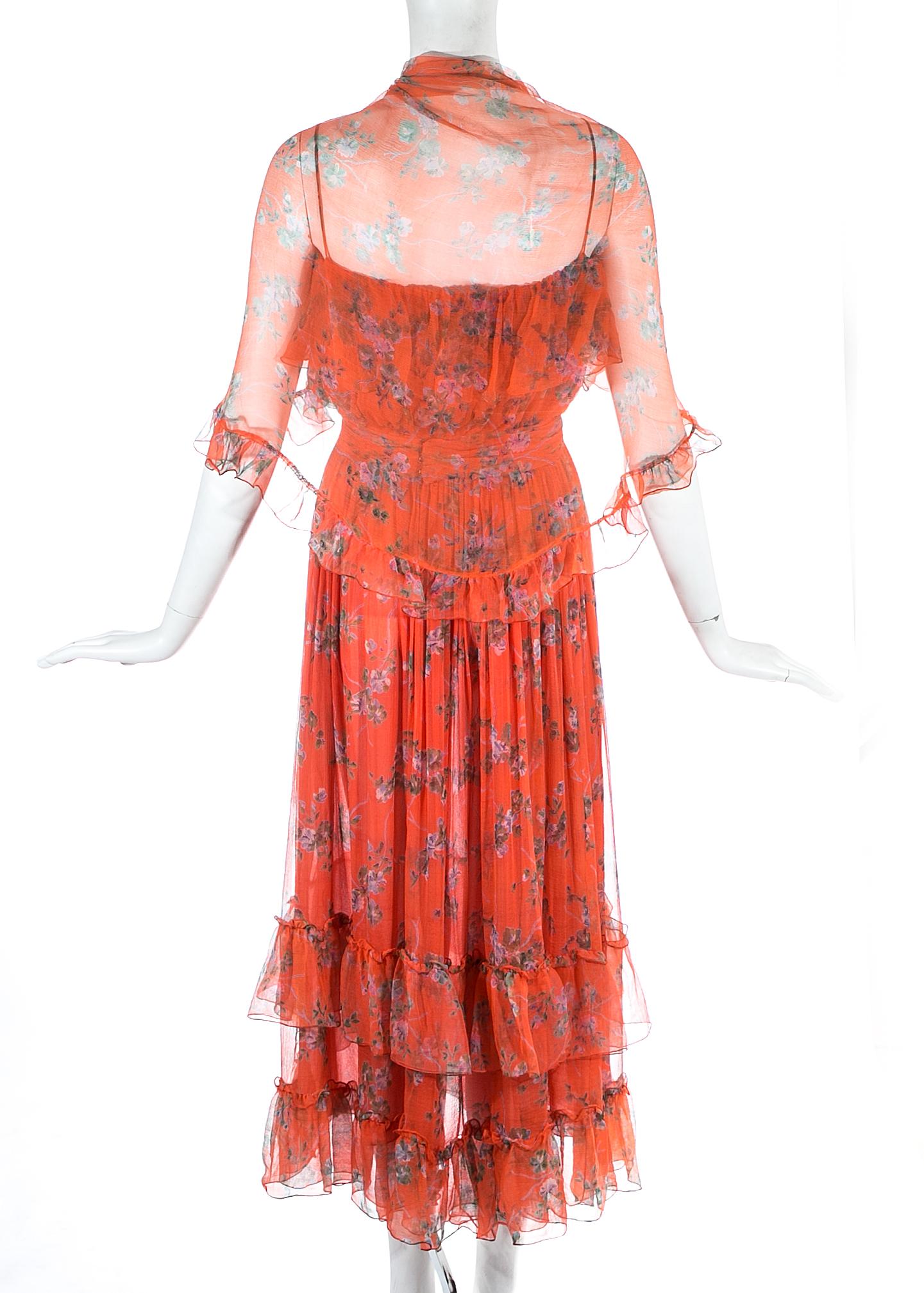 Orange Bellville Sassoon orange floral silk chiffon summer dress with scarf, c. 1970s