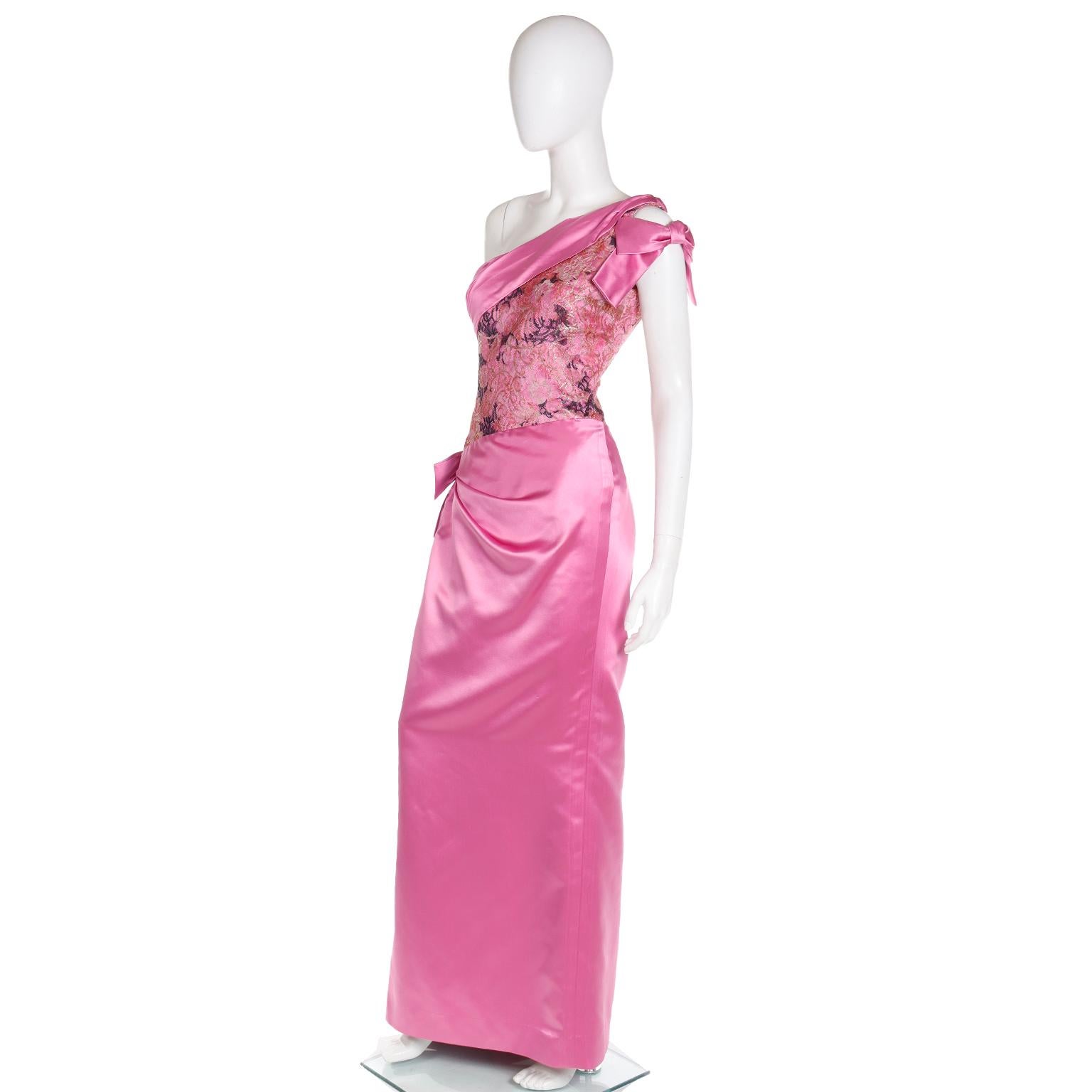 Women's Bellville Sassoon Vintage Pink Silk Satin One Shoulder Evening Gown W Wrap For Sale