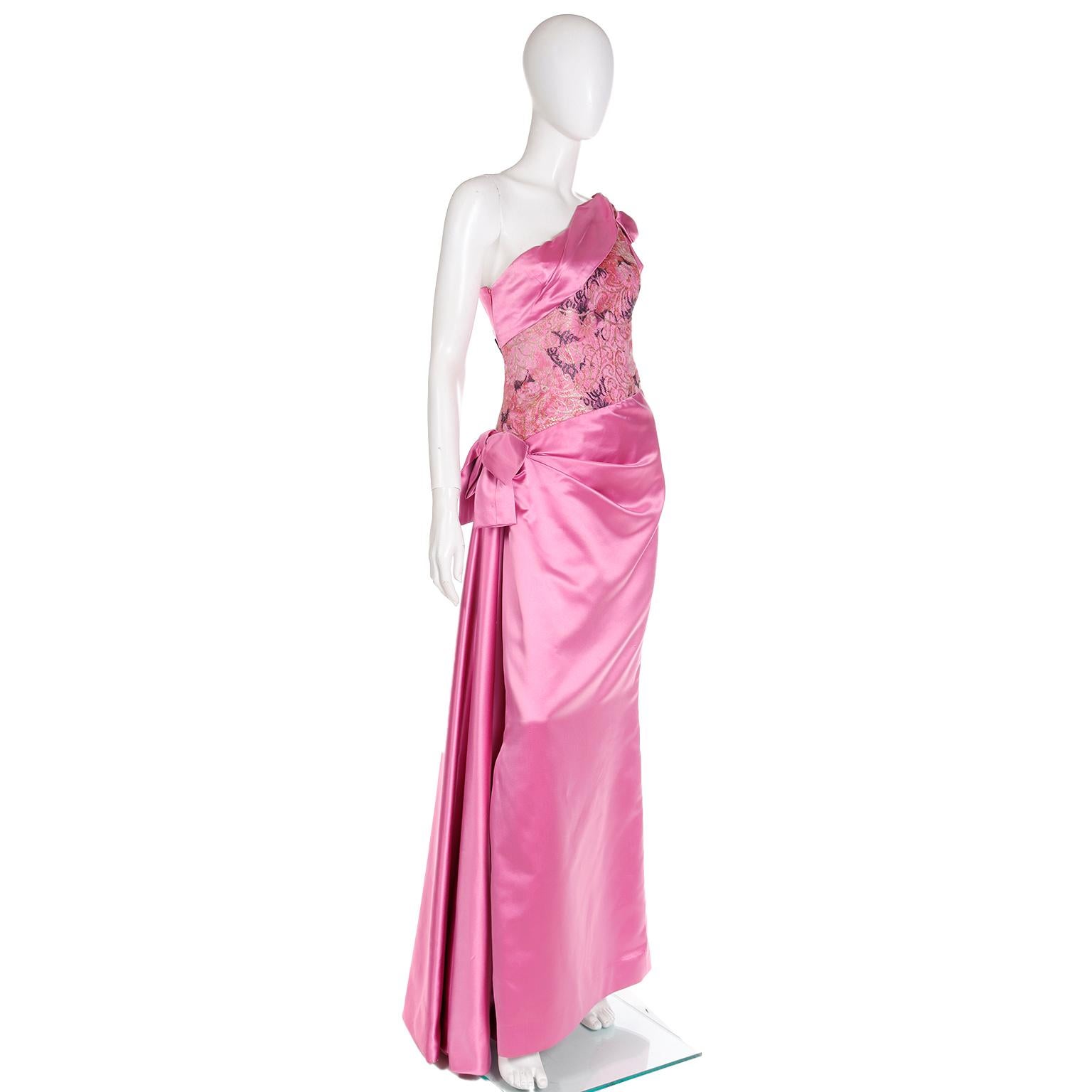 Bellville Sassoon Vintage Pink Silk Satin One Shoulder Evening Gown W Wrap For Sale 2