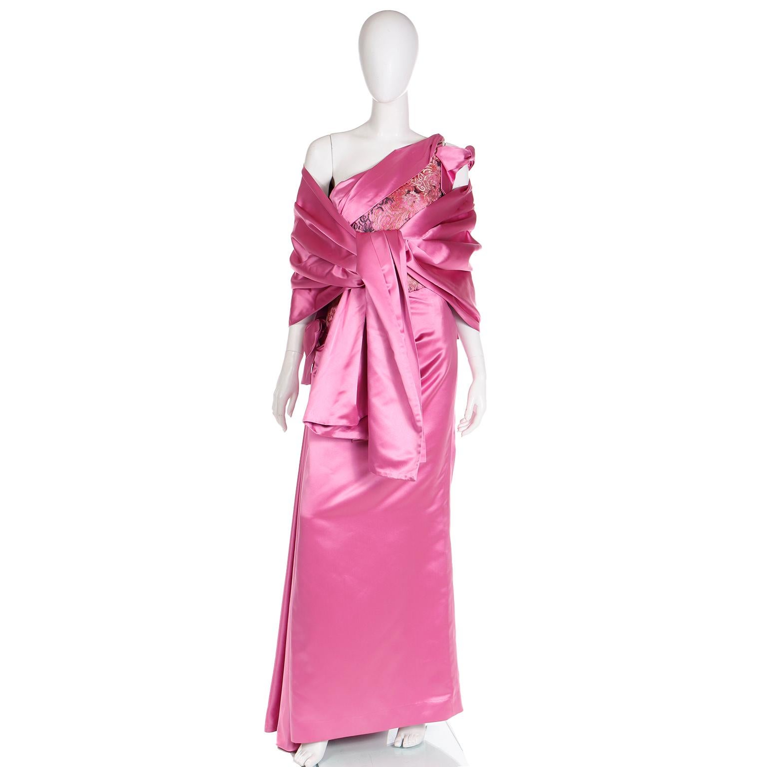 Bellville Sassoon Vintage Pink Silk Satin One Shoulder Evening Gown W Wrap For Sale 3