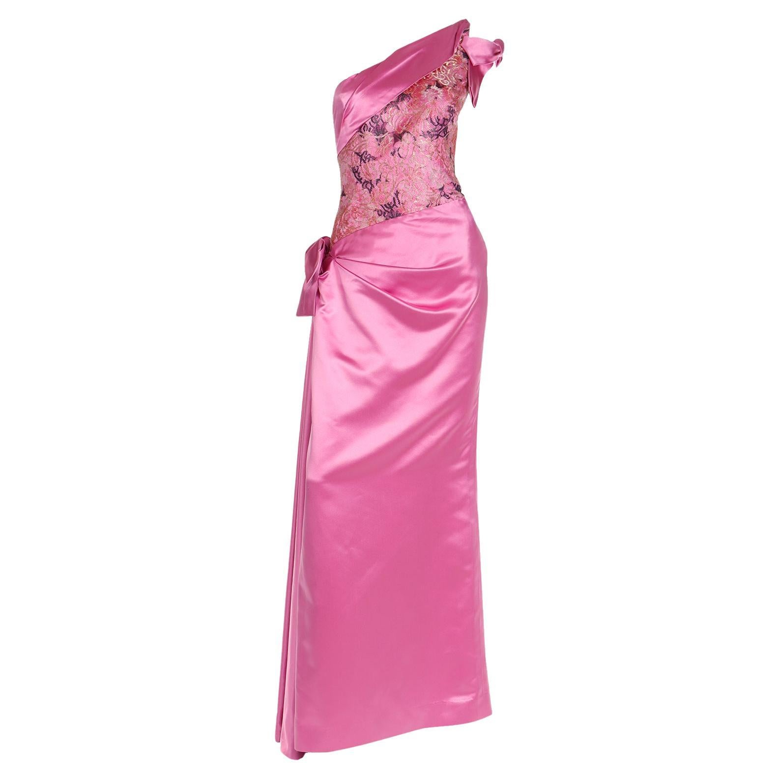 Bellville Sassoon Vintage Pink Silk Satin One Shoulder Evening Gown W Wrap For Sale