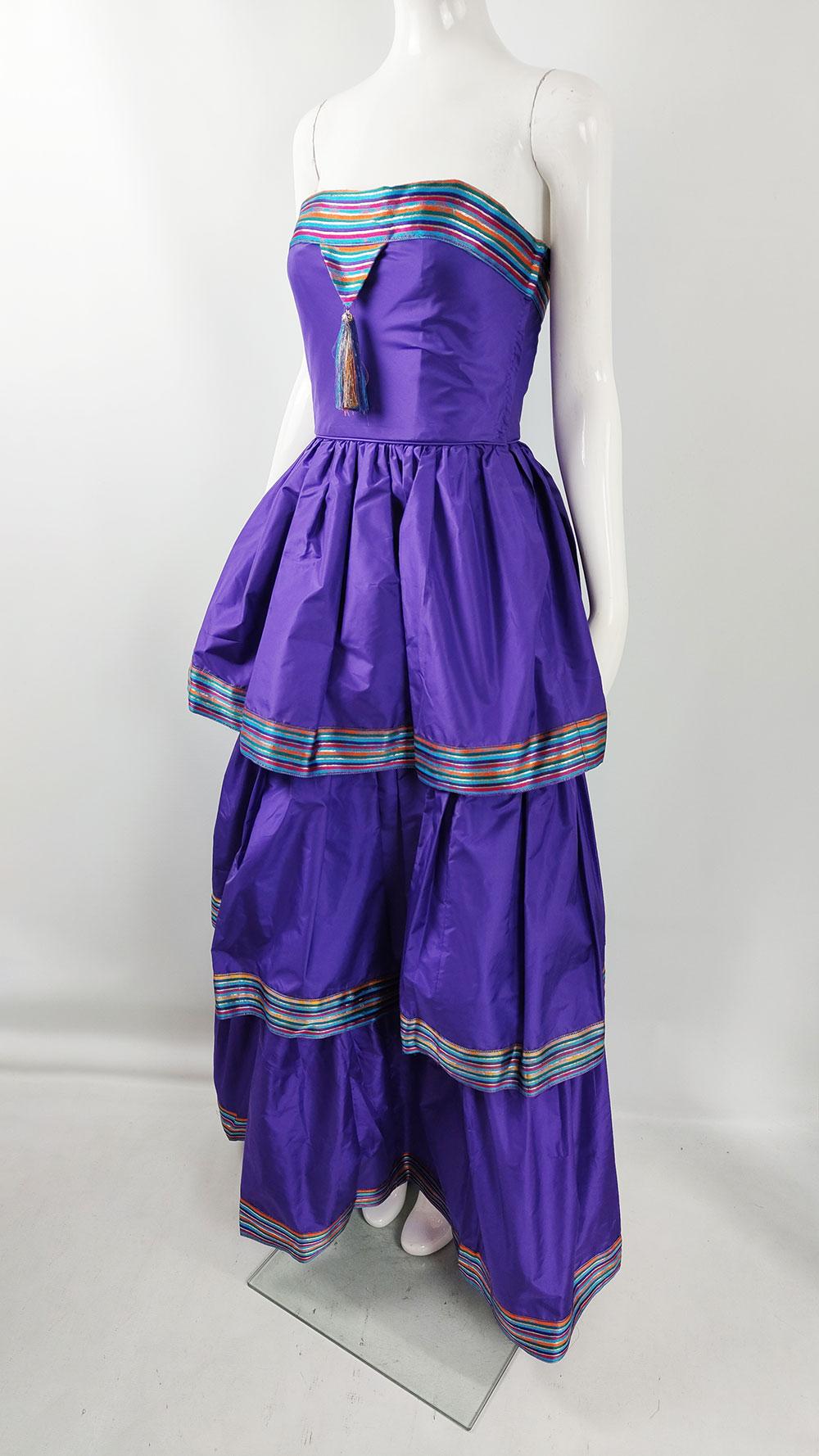 Bellville Sassoon Vintage Purple Silk Taffeta Strapless Tiered 80s Evening Dress 1