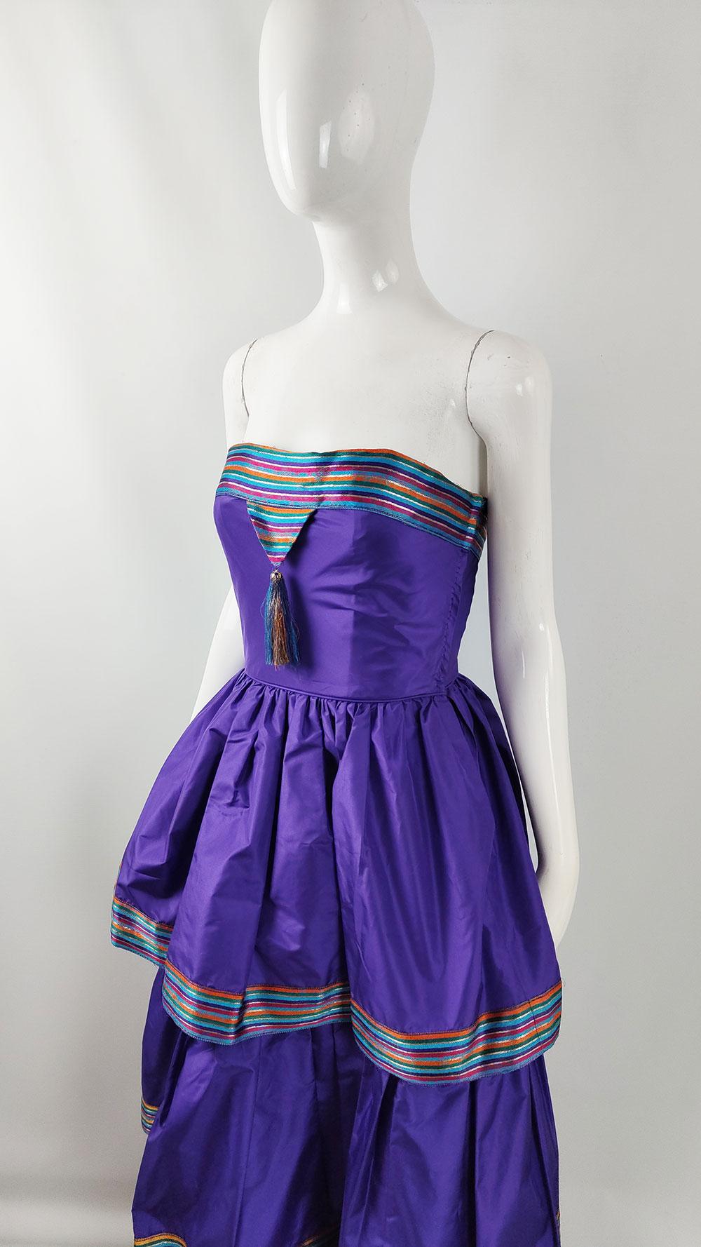 Bellville Sassoon Vintage Purple Silk Taffeta Strapless Tiered 80s Evening Dress 2