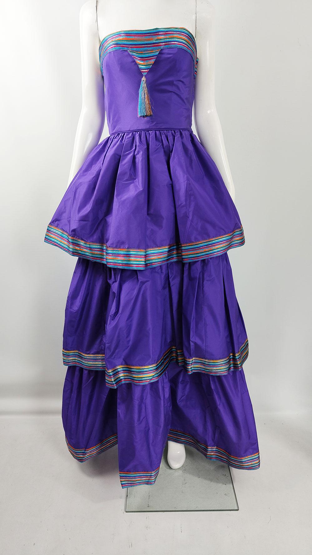 Bellville Sassoon Vintage Purple Silk Taffeta Strapless Tiered 80s Evening Dress 3
