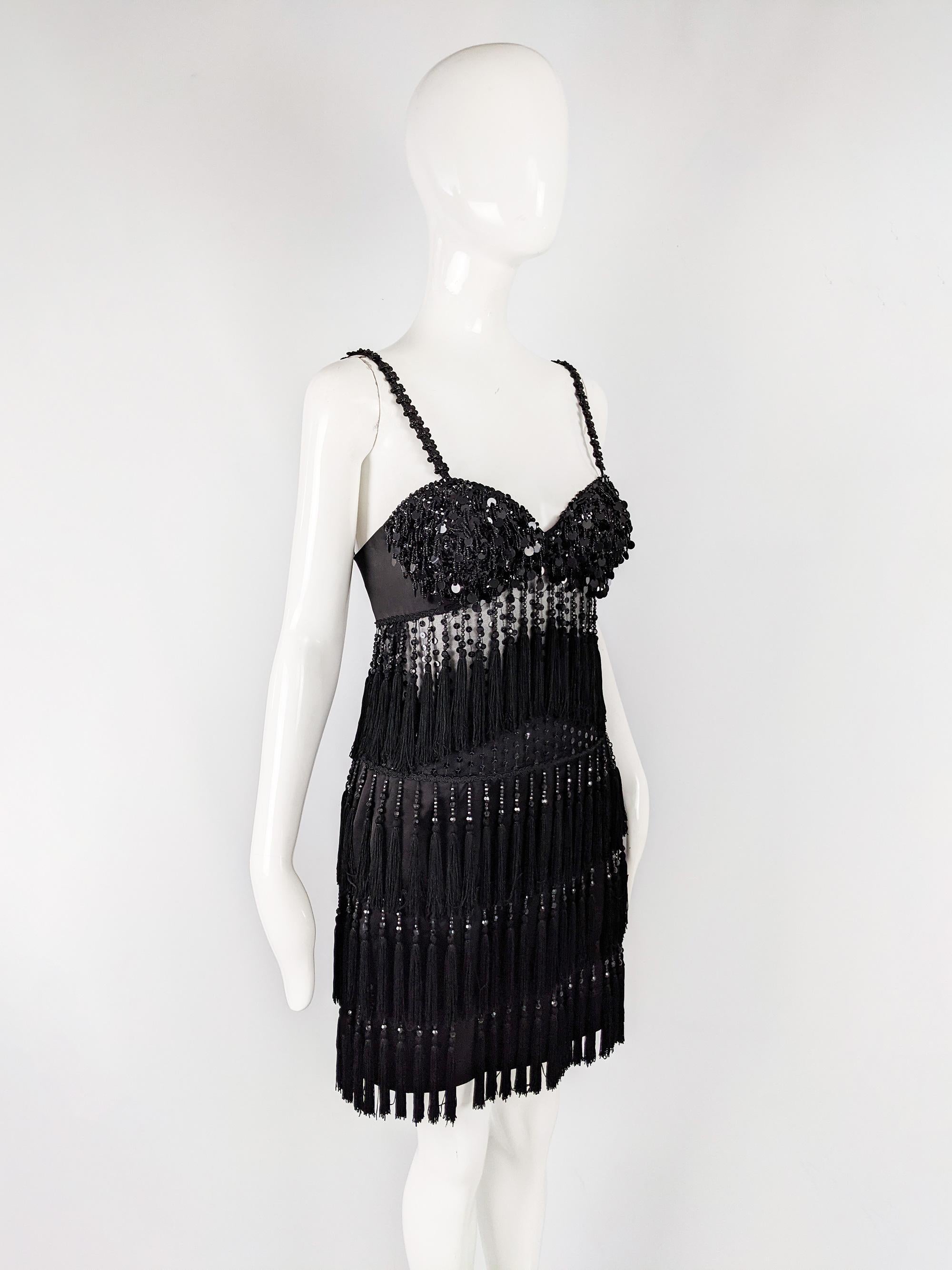 Bellville Sassoon Vintage Sheer Black Beaded & Fringed Flapper Dress In Good Condition In Doncaster, South Yorkshire