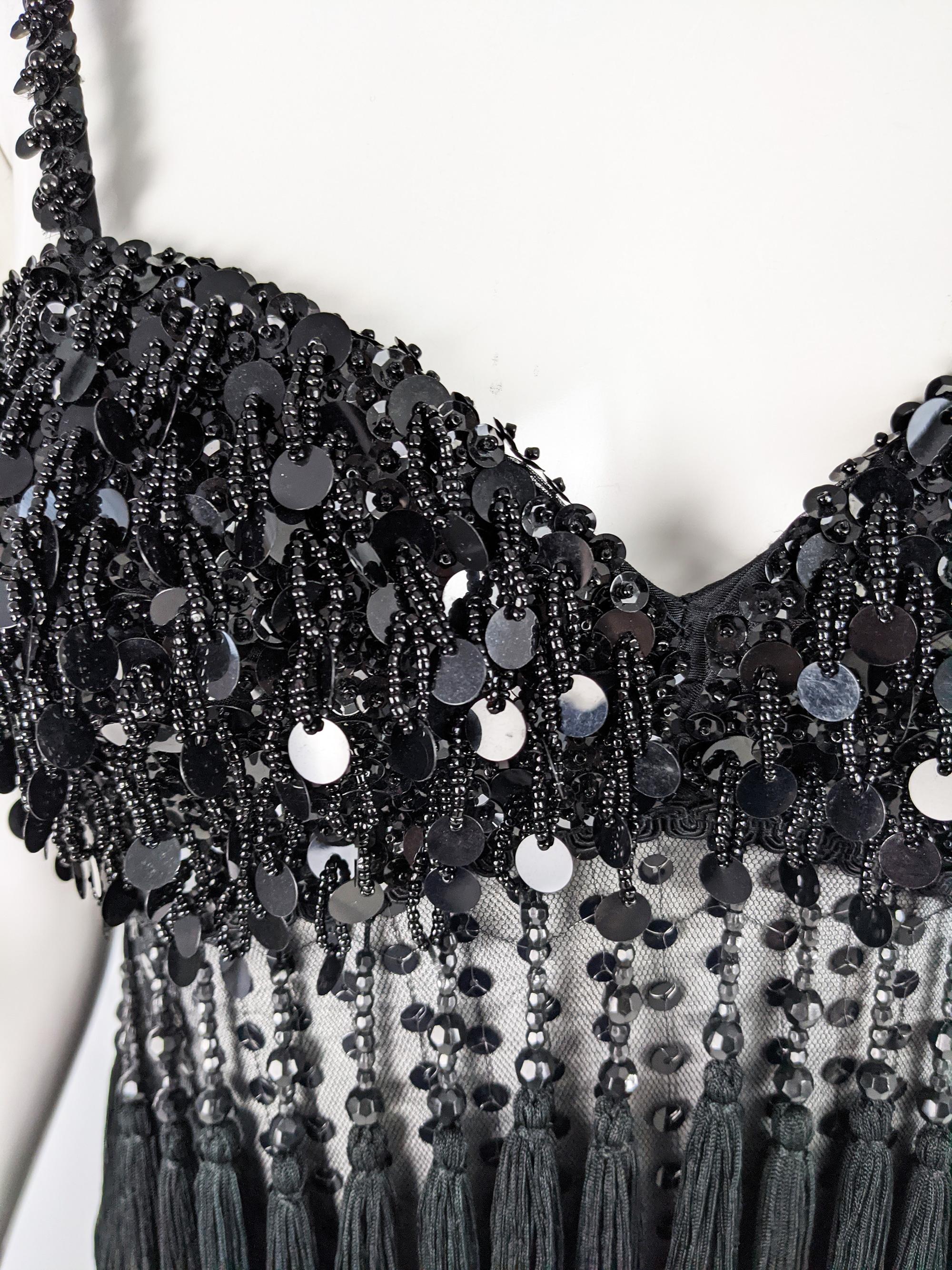 Women's Bellville Sassoon Vintage Sheer Black Beaded & Fringed Flapper Dress