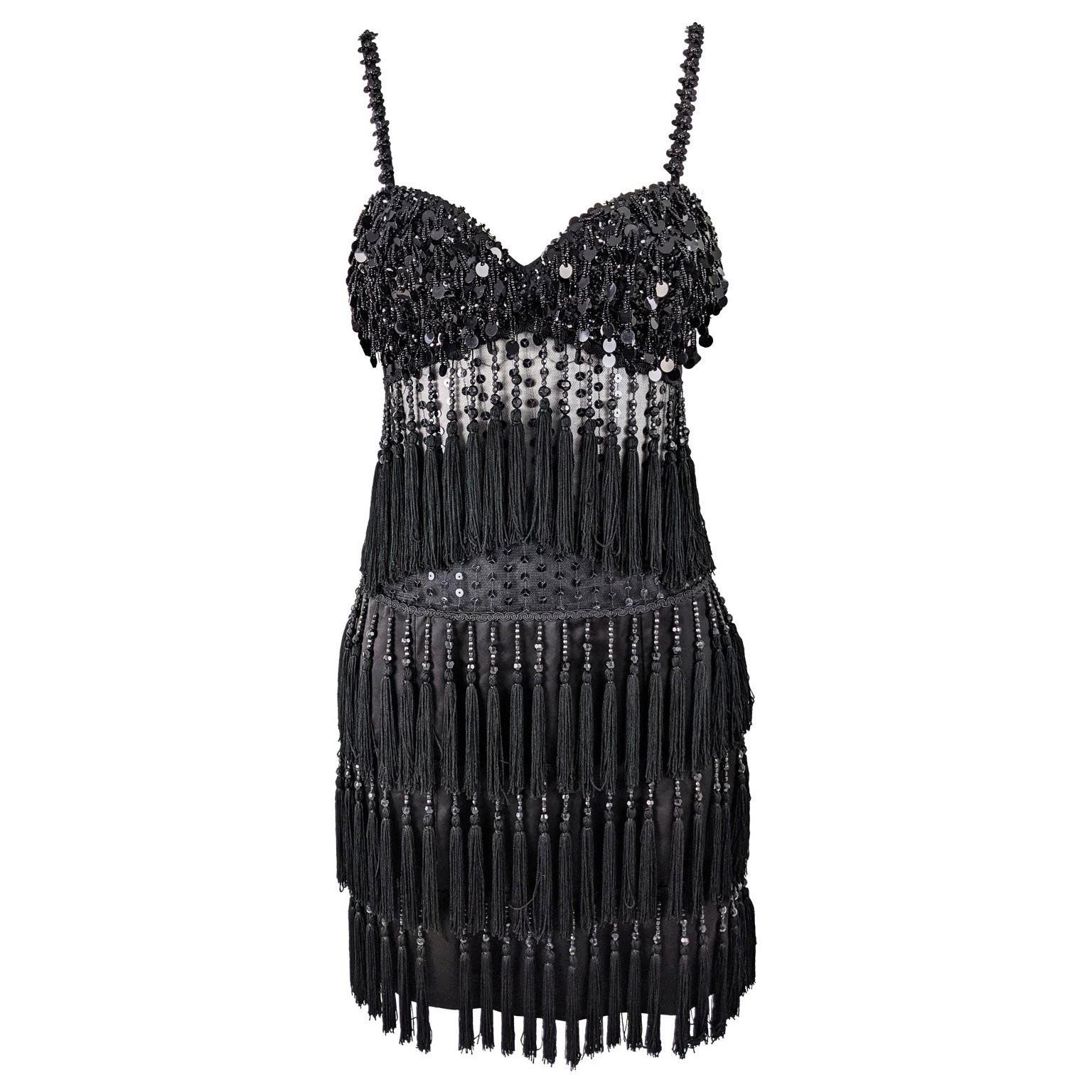 Bellville Sassoon Vintage Sheer Black Beaded & Fringed Flapper Dress