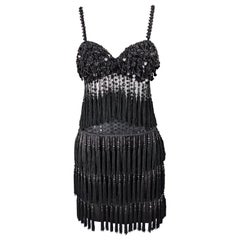 Bellville Sassoon Vintage Sheer Black Beaded & Fringed Flapper Dress