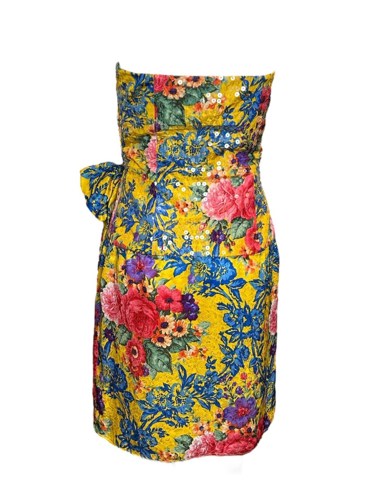 Bellville Sassoon Yellow Floral Silk & Sequined Cocktail Dress, 1980s In Good Condition For Sale In Los Angeles, CA