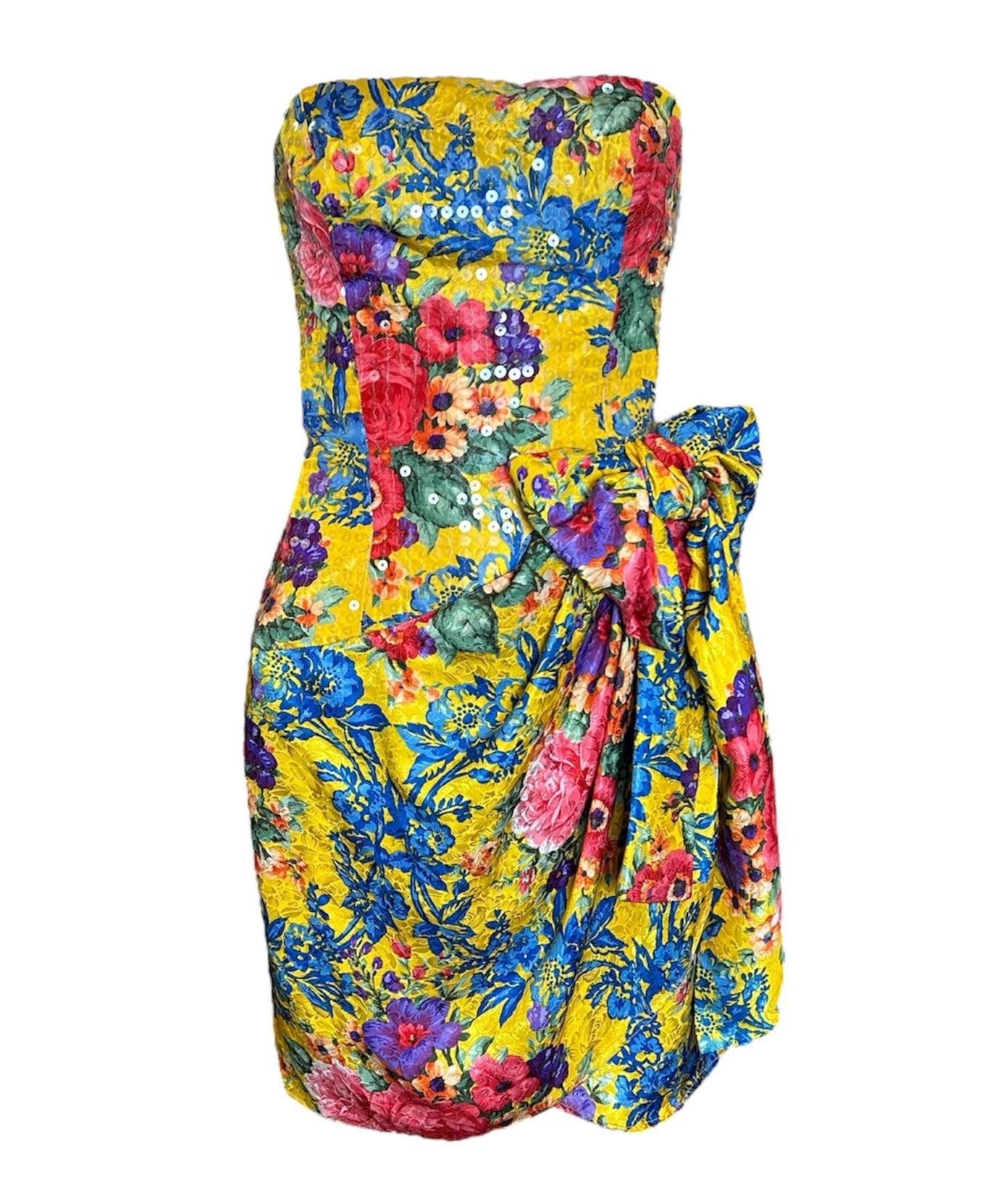 Bellville Sassoon Yellow Floral Silk & Sequined Cocktail Dress, 1980s For Sale
