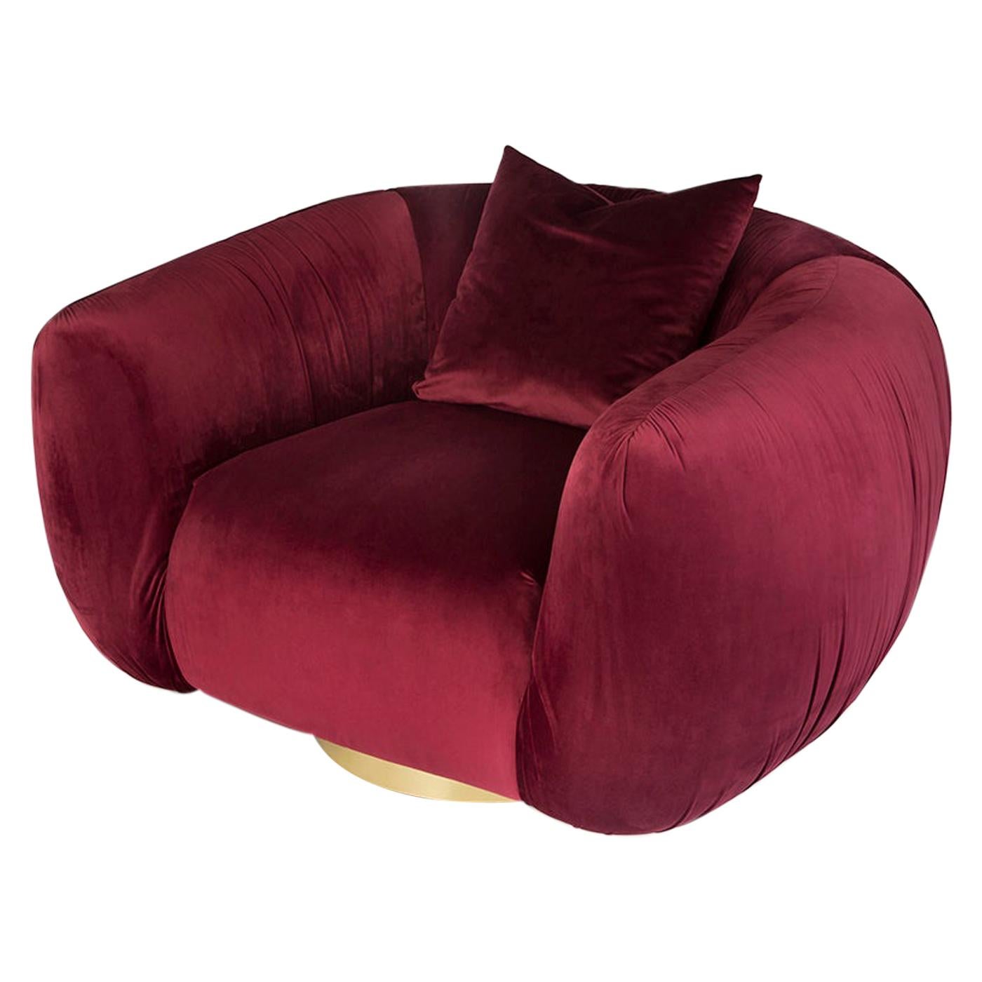 Modern Upholstery Belly Armchair in Red Velvet and Polished Brass Foot For Sale