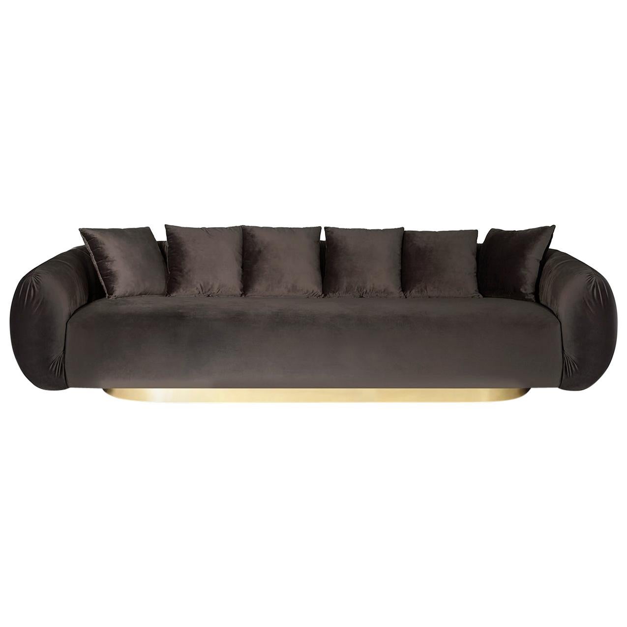 Modern Upholstery Belly Sofa in Grey Velvet and Polished Brass Foot