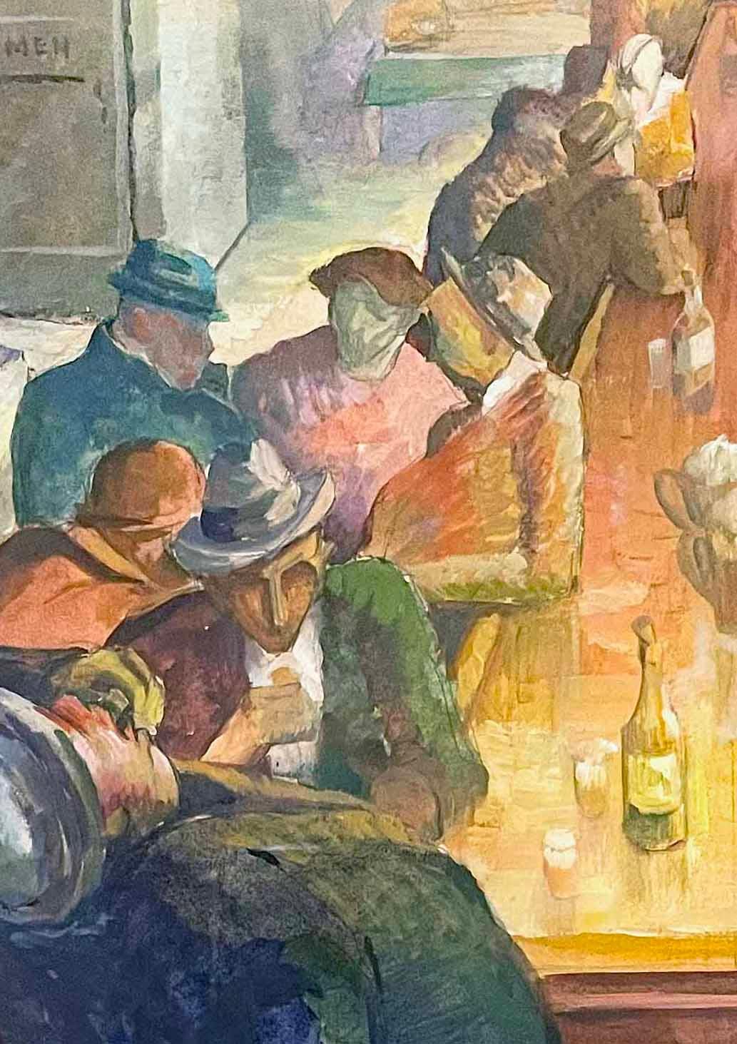 This quintessential Depression-era scene depicts a series of men at a tavern, slouching or leaning against the bar's edge and quaffing shots of hard liquor.  The bar's occupants seem to be convivial and conversational, and the large man in the