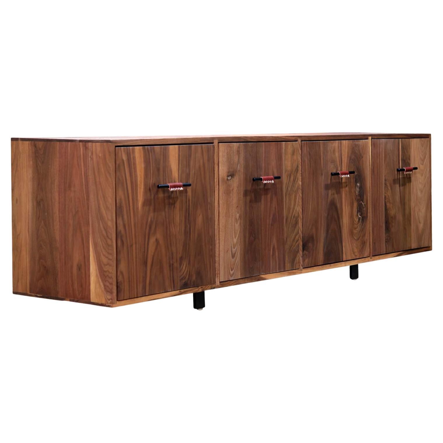 Belmont Eight Drawer Solid Walnut Cabinet with Leather Handles For Sale