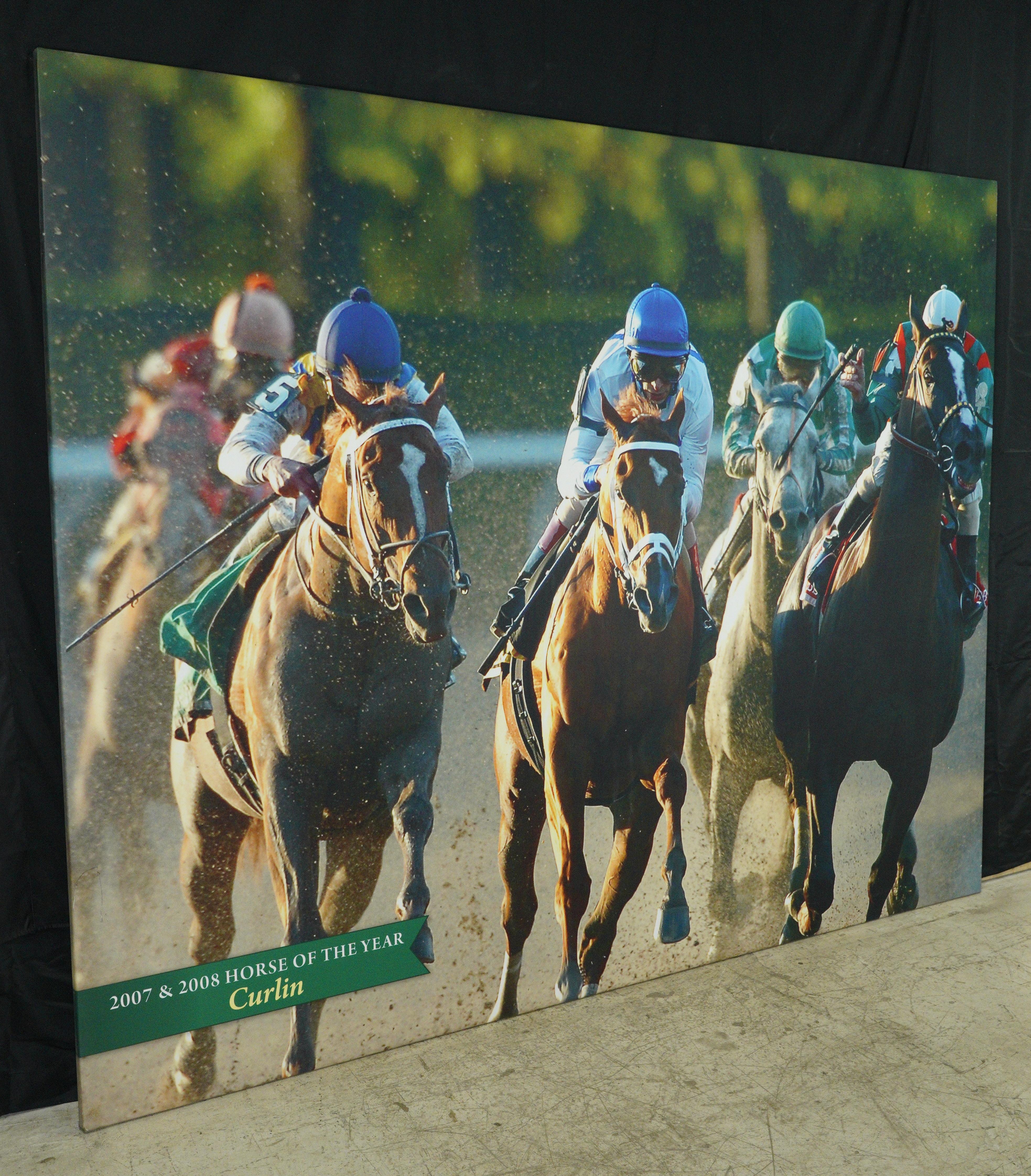 Esta impresión en lienzo es del hipódromo Belmont Park de Elmont, Nueva York. Presenta al Caballo del Año en 2007 y 2008, llamado Curlin. Gran estado con algunas manchas superficiales y muescas del marco de madera. Uno disponible. Tenga en cuenta