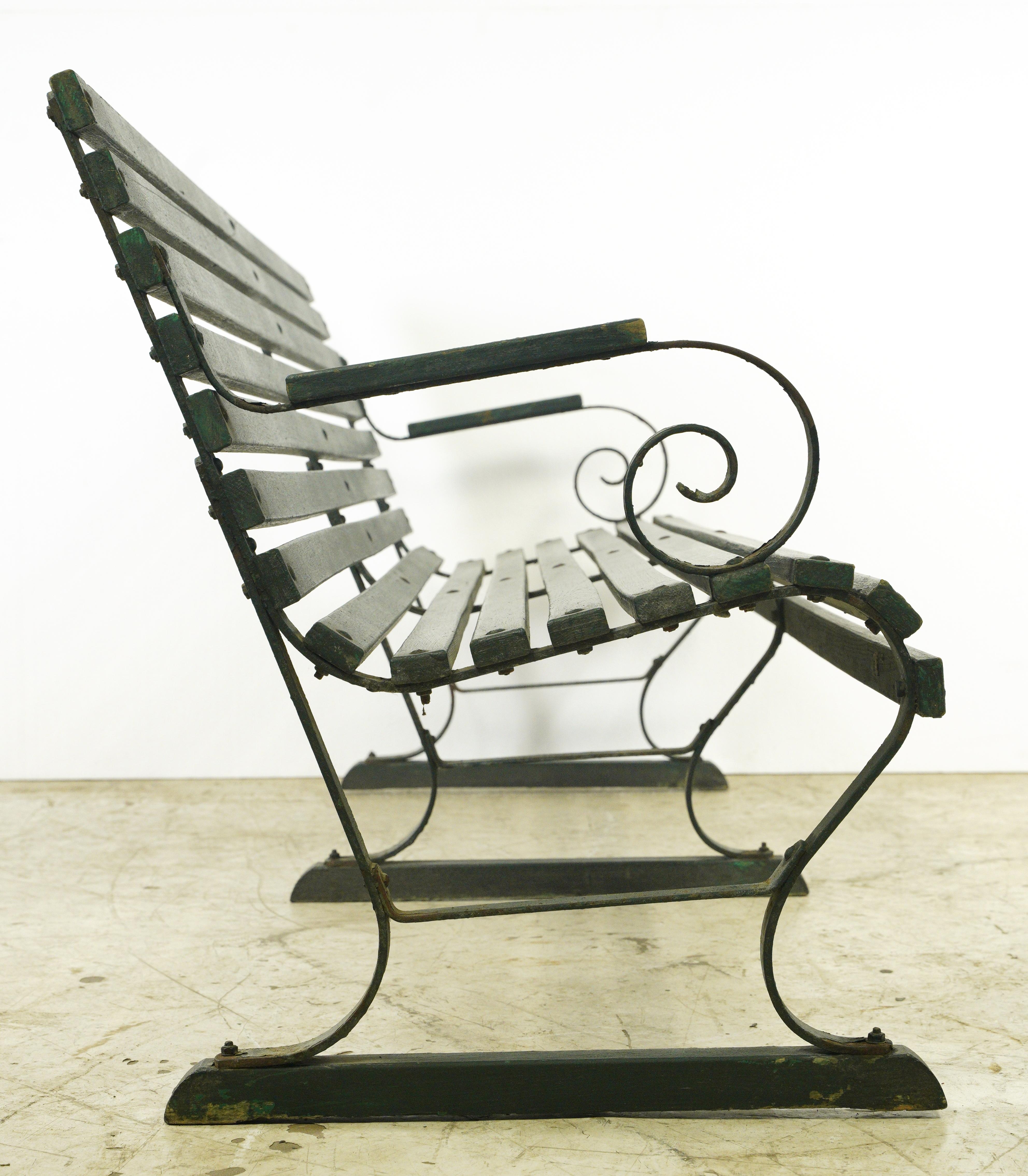 Wrought Iron Belmont Park Racetrack Green Oak & Iron Outdoor Bench