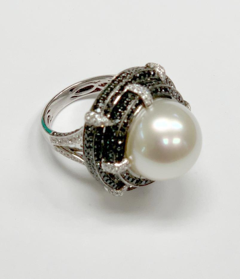 Modern Black Diamond and South Sea Pearl Set in 18 Karat White Gold For Sale