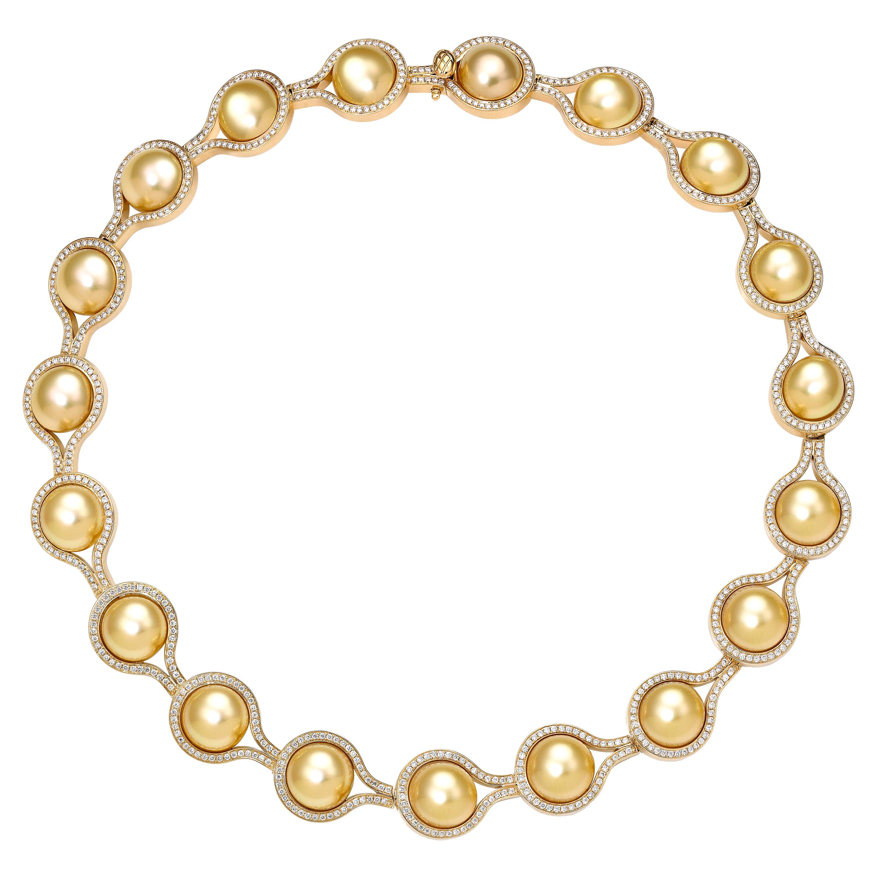 BELPEARL, Natural Color Golden South Sea Pearl Diamond Encrusted Collier For Sale