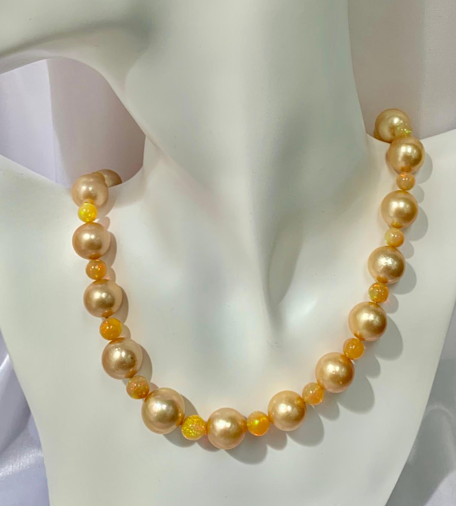 Contemporary BELPEARL Fabulous Golden South Sea Pearl Necklace Set in Gold and Opals
 For Sale