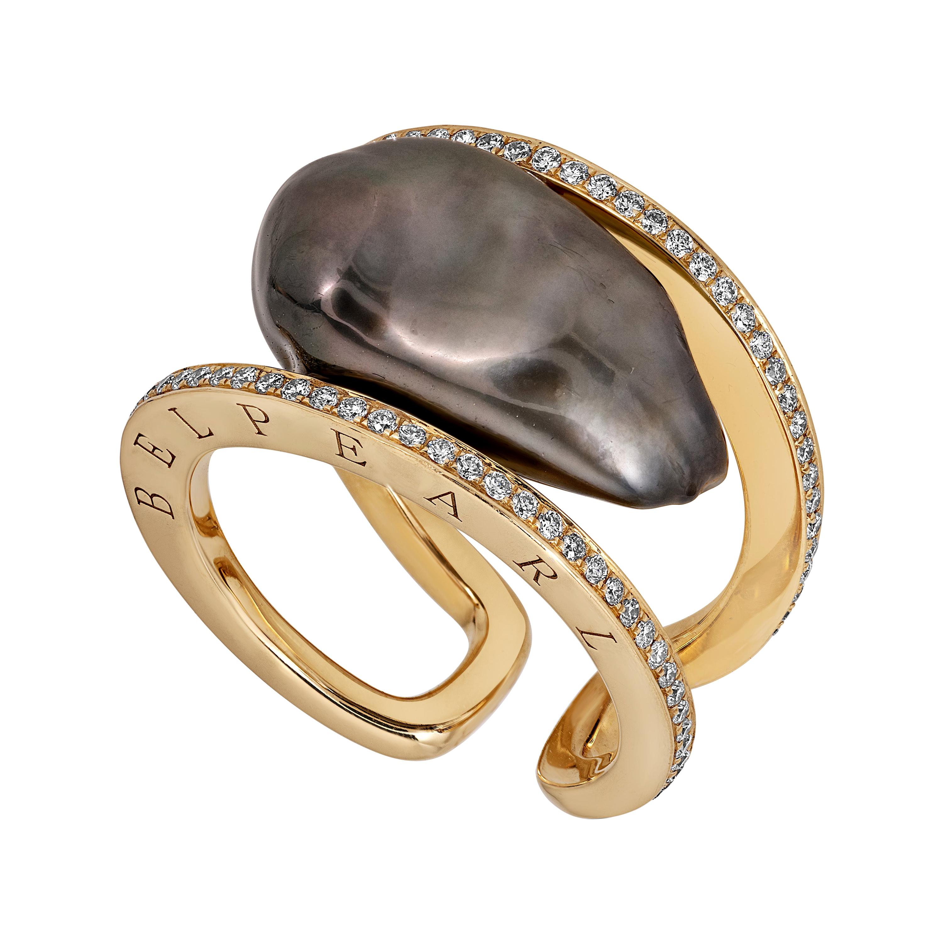BELPEARL Tahitian Keshi Pearl Ring Set in 18K Gold and diamonds For Sale